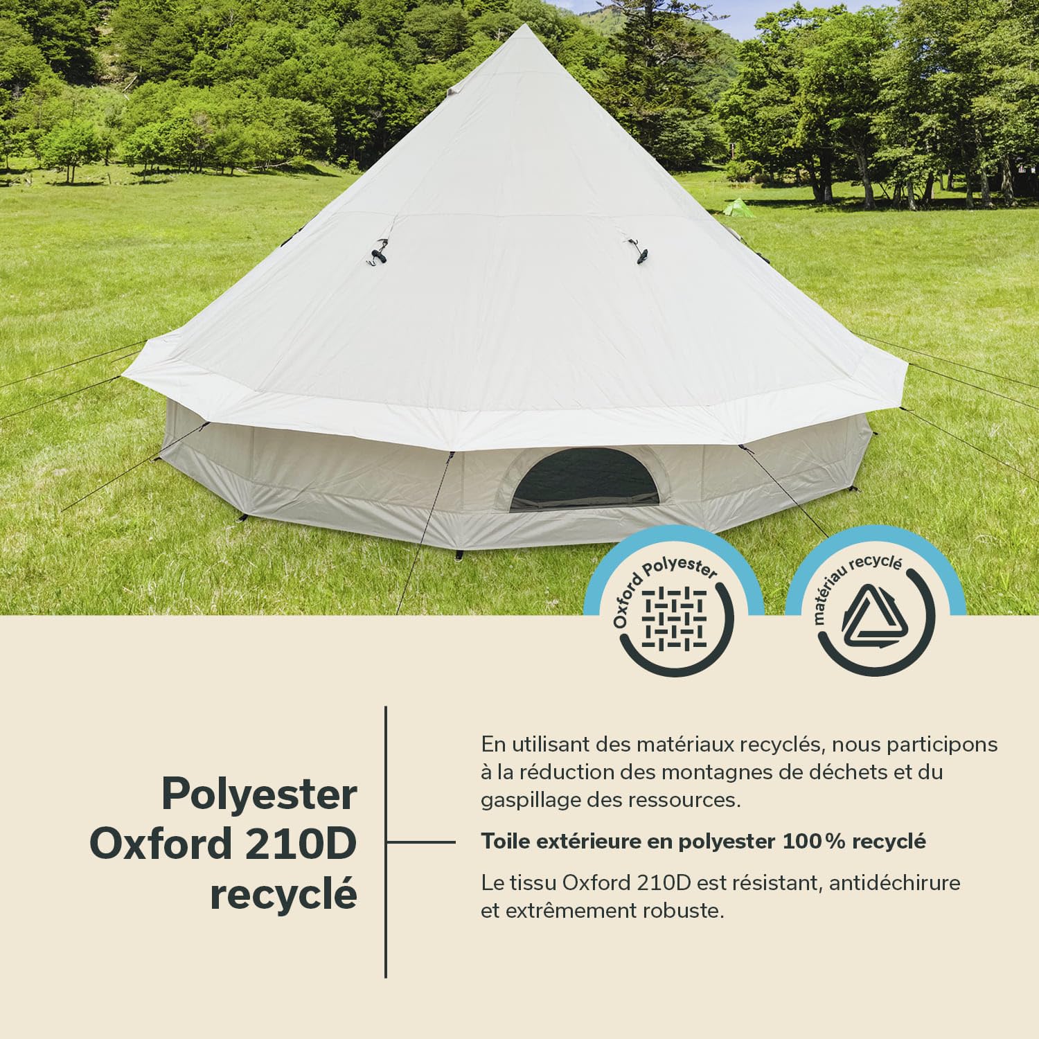 Skandika Tente Tipi Kuopio 400/500 Protect 8 à 10 Personnes | Tente de Camping imperméable, matériau recyclé, Hauteur 2,5-3 m, Ø4m - Ø5m, Sol Cousu, Tente Glamping familiale