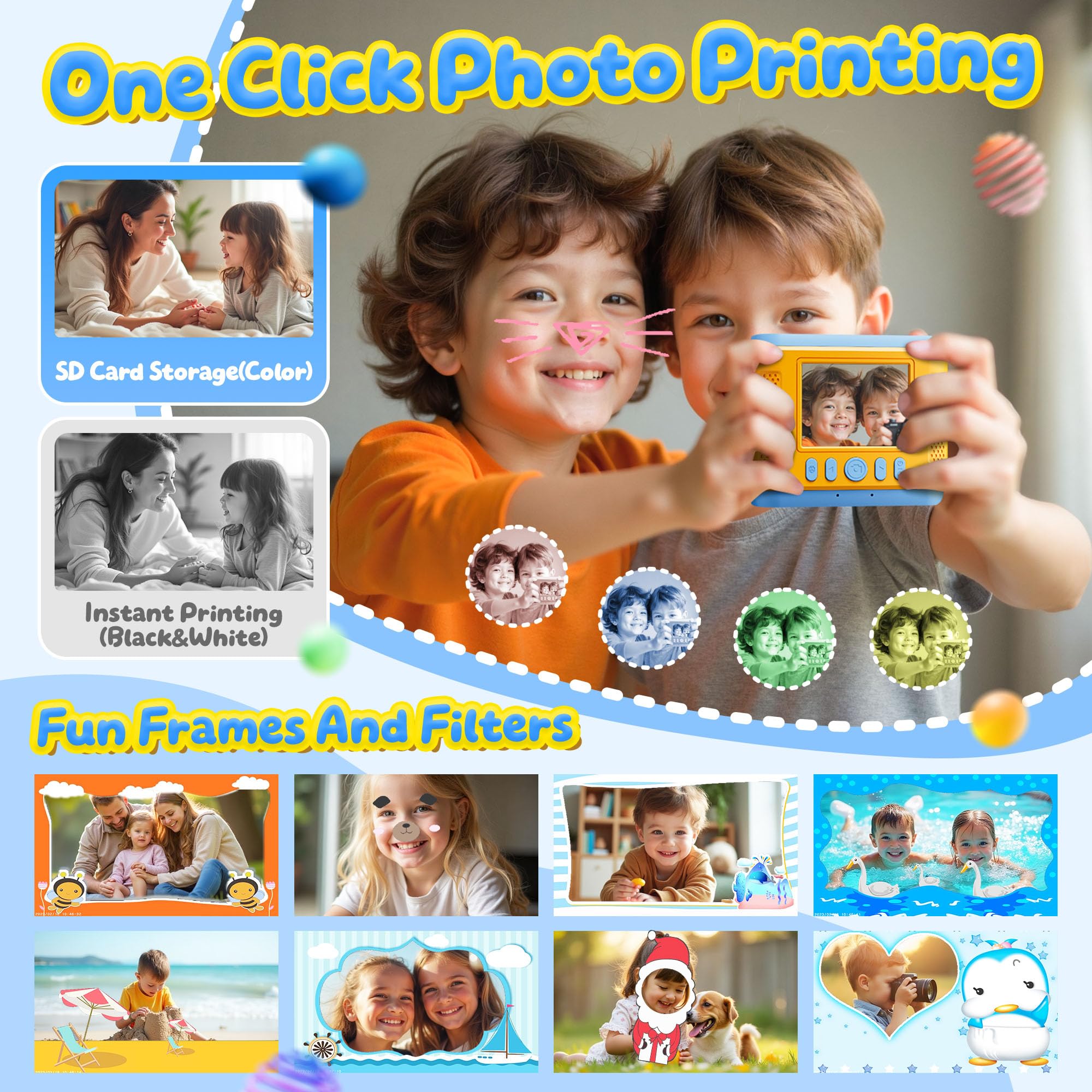 CalineGam Macchina Fotografica Bambini Istantanea, HD 1080P Fotocamera Istantanea per Bambini con Scheda 32G e Carta Fotografica, Regalo per Ragazze Ragazzi da 3-12 Anni (Blu)