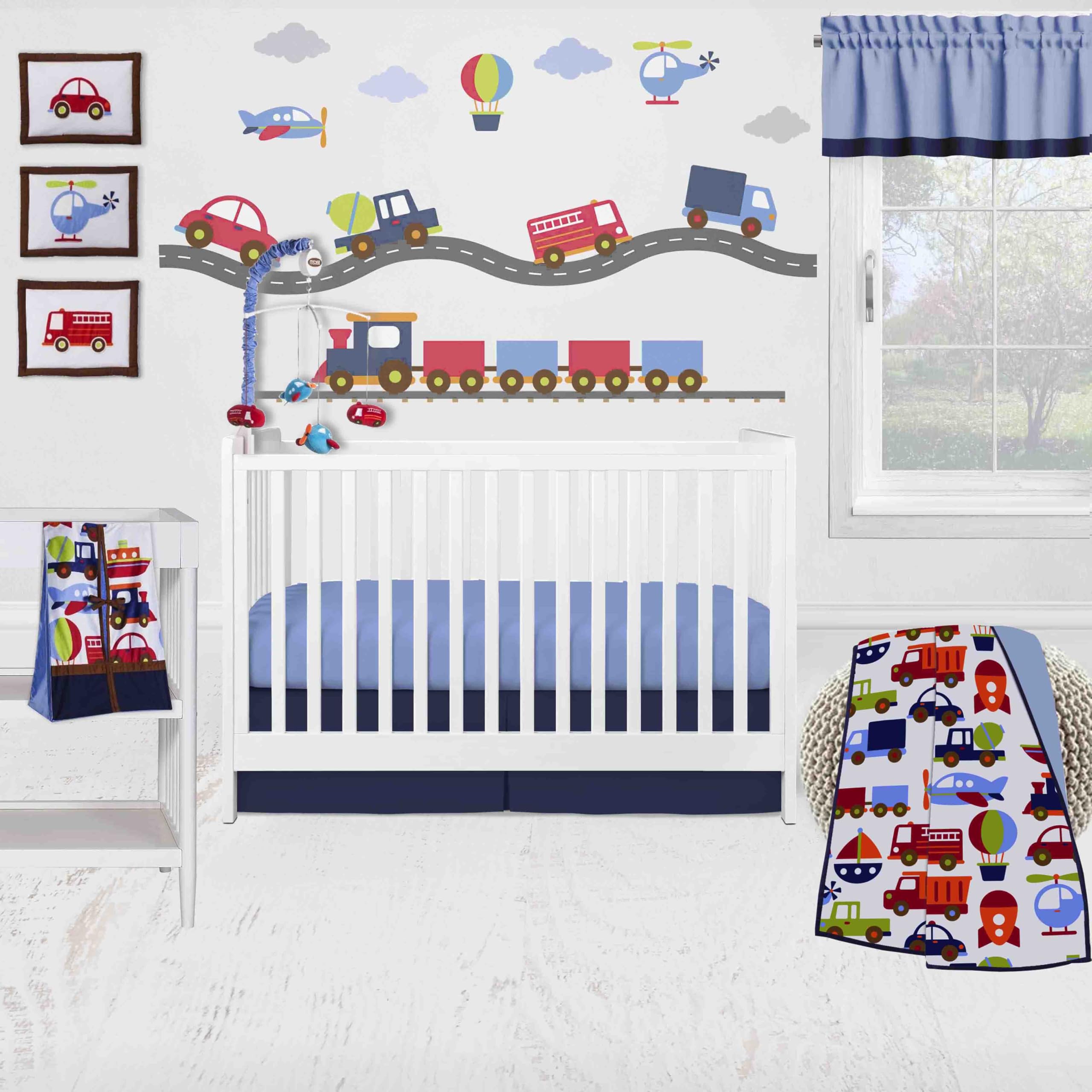 Bacati - Transportation Blue Navy Green Red Orange 10 pc Crib Bedding Set with 2 Crib Fitted Sheets