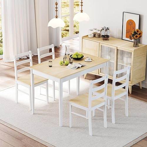 NAFORT Juego de 4 mesas de cocina para 4, mesa de comedor y sillas de madera maciza, juego de mesa de comedor de granja con patas de madera de goma,