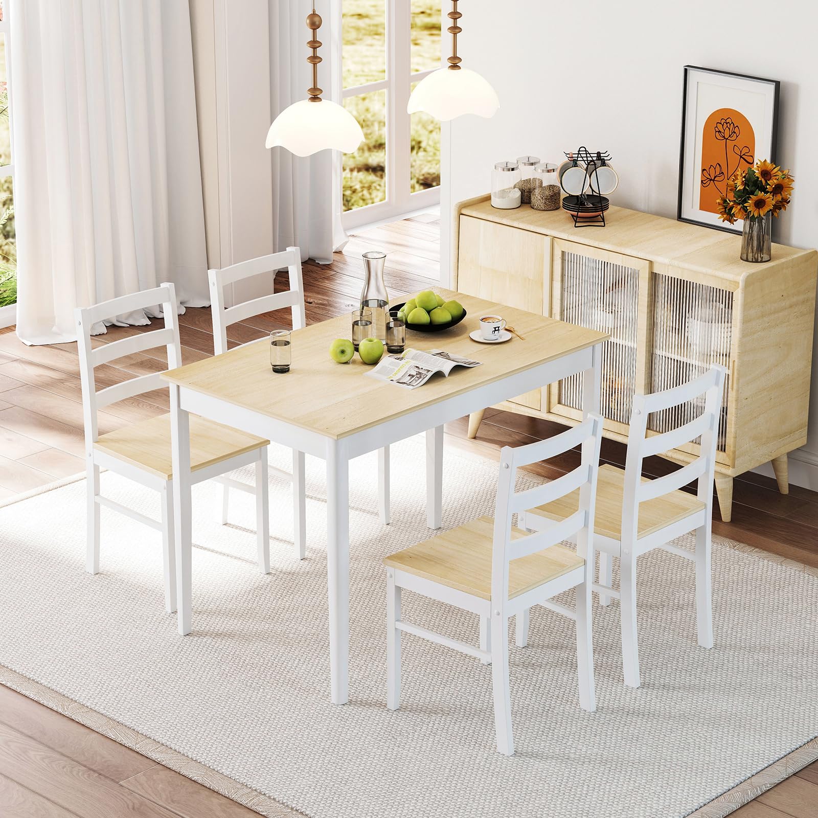 NAFORT Kitchen Table Set for 4, Solid Wood Dining Table and Chairs Set of 4, Farmhouse Dinner Table Set w/Rubber Wood Legs, Mid-Century Modern Dinette