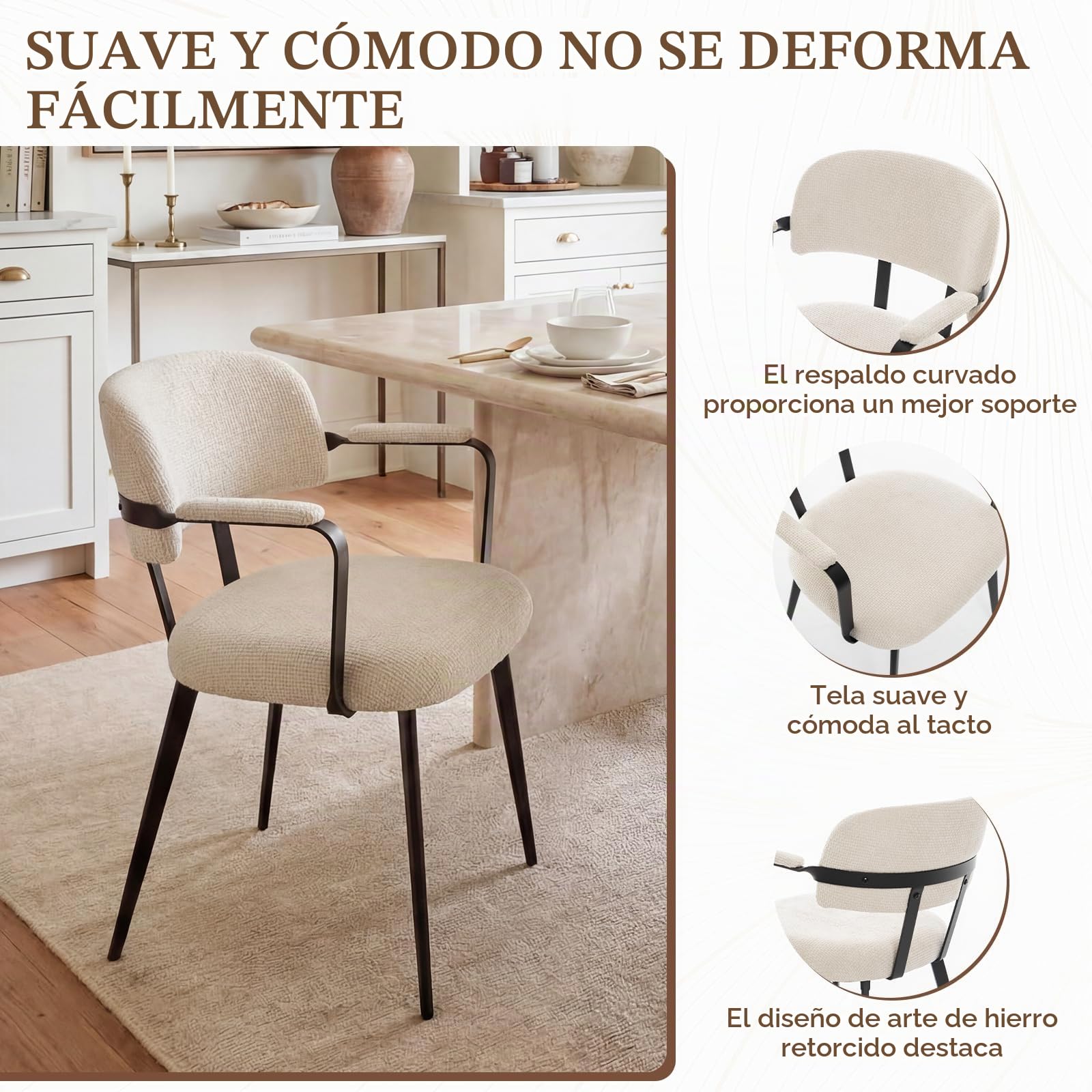 Sillas de Comedor Pack 2, Sillas Cocina con o sin Reposabrazos, Silla Nordica con Tapicería de Chenilla, Cojines Duros y Patas de Metal (Beige, con reposabrazos)