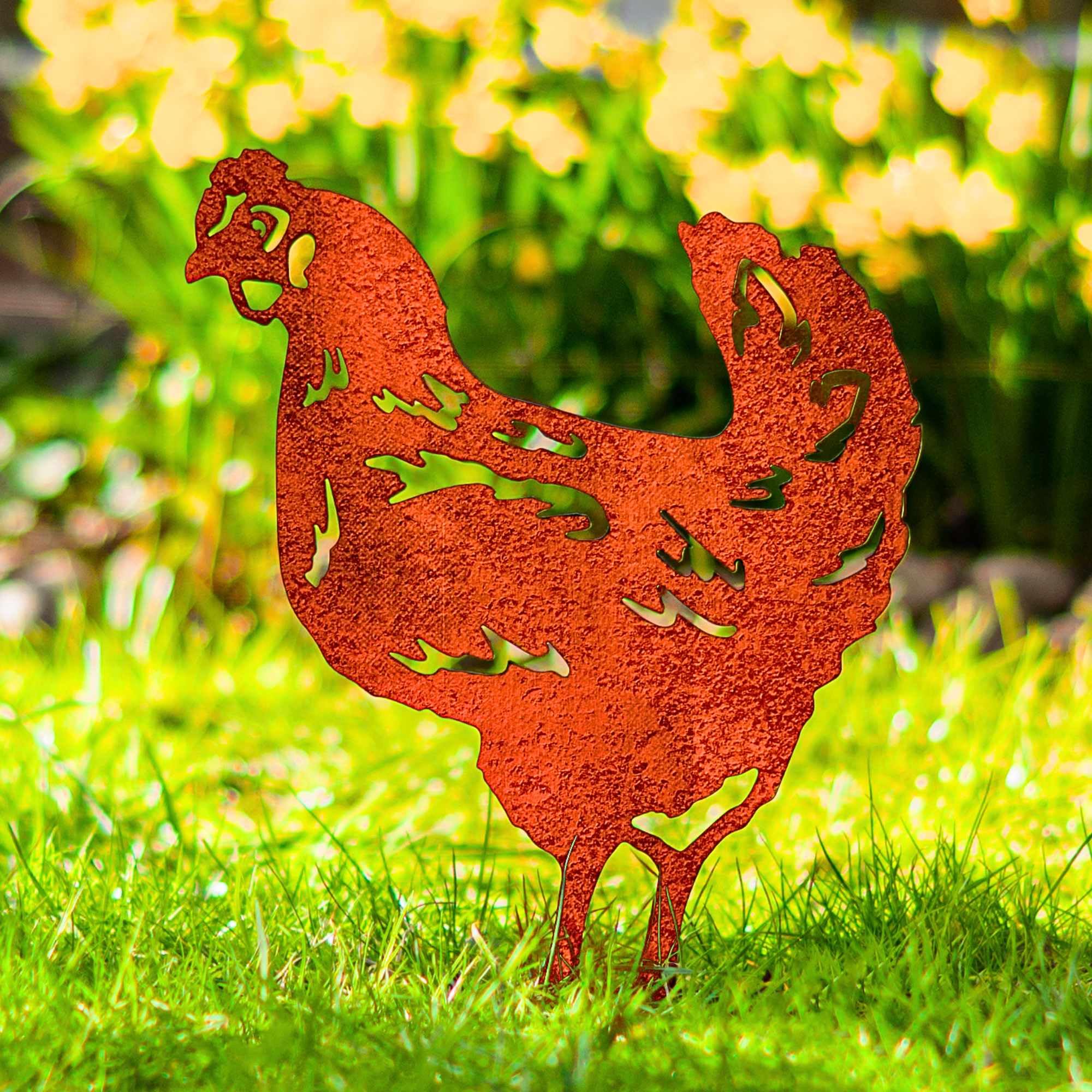 Chicken Stakes Set Pecking Hen Metal Rooster Spike Cockerel Lawn Decor Farmhouse Bird Garden Ornament Art for Pot Planter Flower Bed Rustic Statue (Natural)
