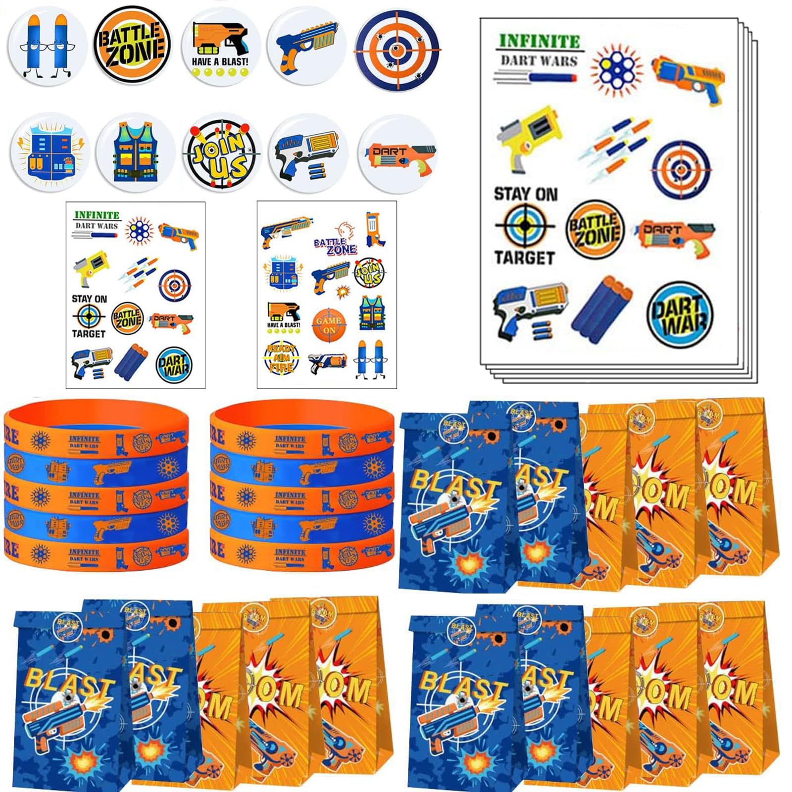 Augweyang 170 Pcs Dart War Party Gifts Supplies Dart Gun Themed Goodie Gift Bags, Silicone Wristbands, Temporary Tattoos, Stickers and Badges for Dart War Birthday Decorations