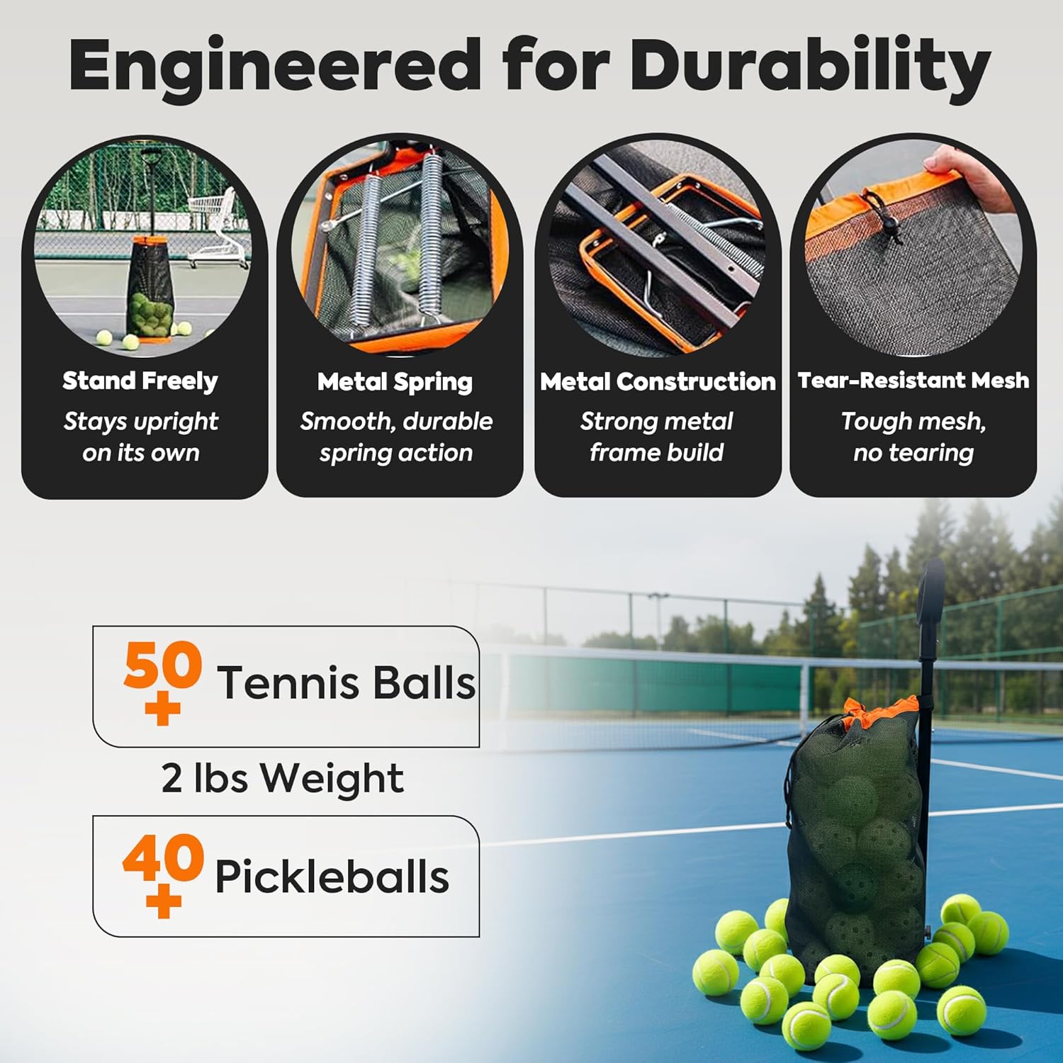 Rolling Tennis Ball Hopper & Picker Basket with Wheels, Holds 50+ Tennis Balls or 40+ Pickleballs, Lightweight Retriever Collector, Durable Easy Pick Up Ball Collector with Paddle Bag, Upgraded