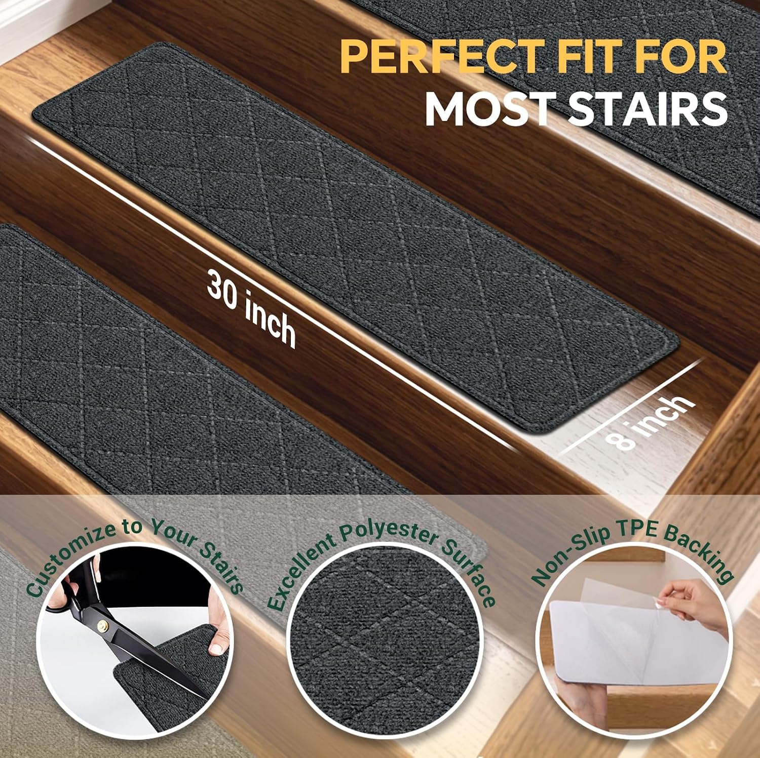 Stair Treads Non-Slip for Wooden Steps, 4Pcs - 8"x30" Edging Stair Runner Indoor for Kids Elders & Pets, Washable Carpet Stair Treads with Peel & Stick Reusable TPE Backing, Dark Grey thumbnail