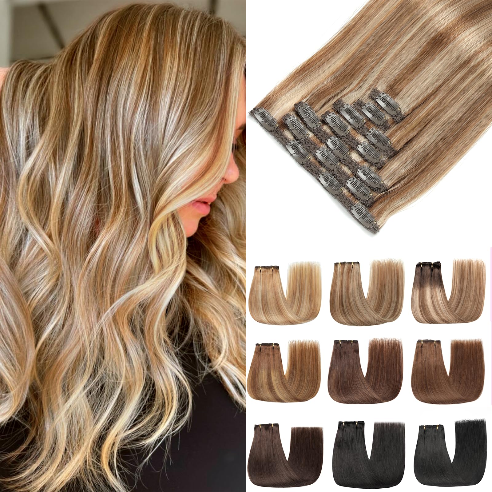 Extension Cheveux Naturel Clip, 7pcs 120g 45cm Invisible Rajout Cheveux Clip Naturel Ashblond mélangé brun clair Extension Cheveux(18Inch,P6/18K#)