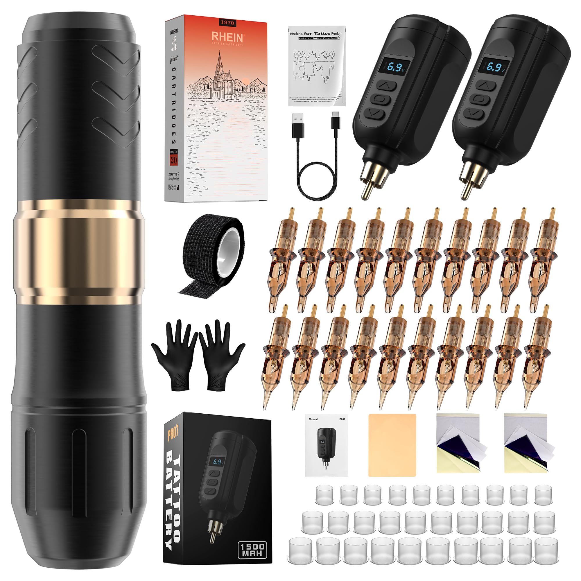 RHEIN Tattoo Gun Tattoo Machine Kit with 2PCS 1500mAh Batteries 20PCS Tattoo Cartridges 30 Tattoo Ink Cups, Cordless Tattoo Machine Pen Kit Tattoo Supplies RNP600KIT-1