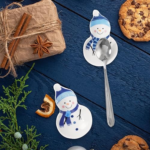 Miniatura 7 de Whaline Juego de 4 cucharas de café de invierno, soporte para cucharas de cerámica con forma de muñeco de nieve, plato para anillos para Navidad,