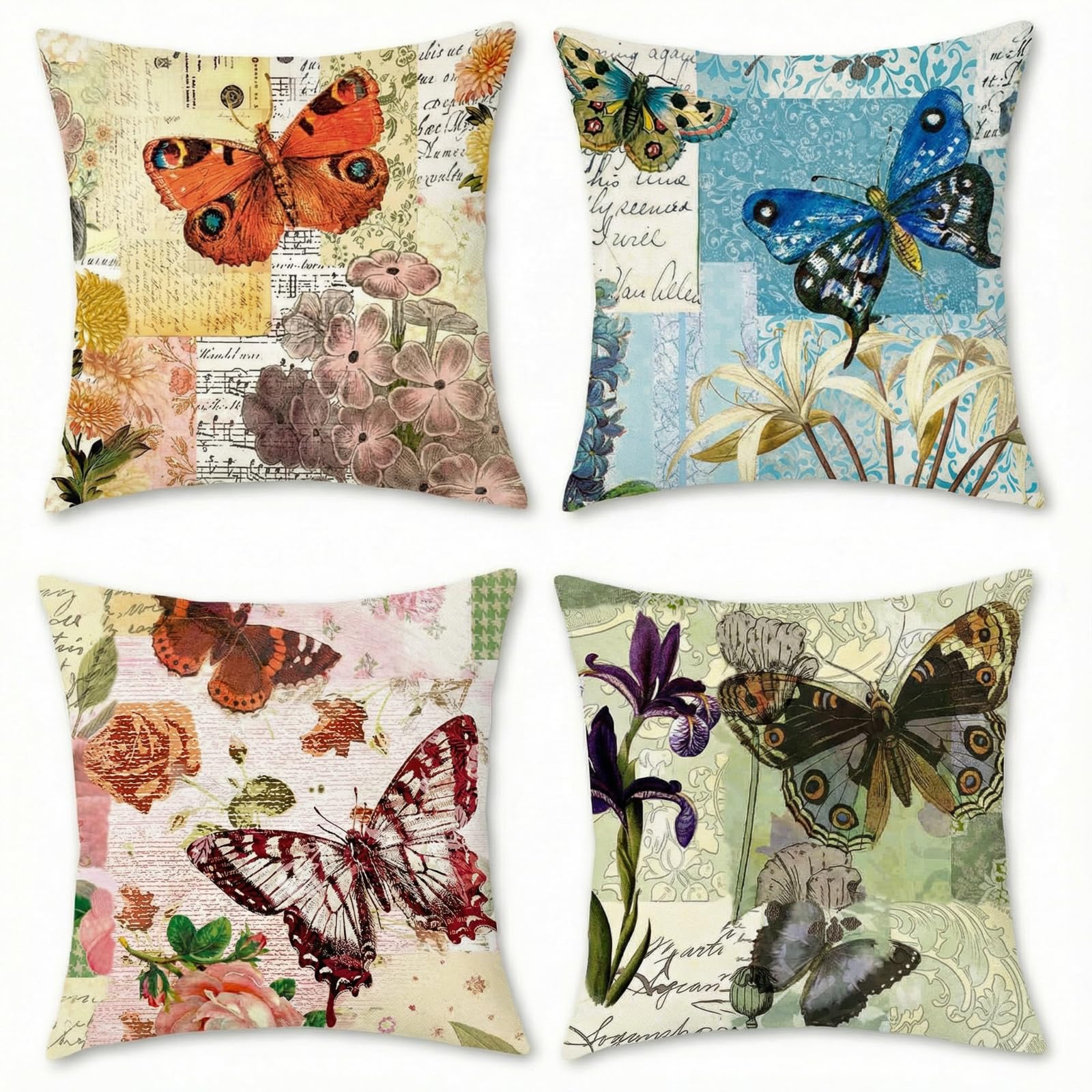 BREASOME Vintage Floral and Butterfly Cushion Covers 45 x 45 cm Set of 4