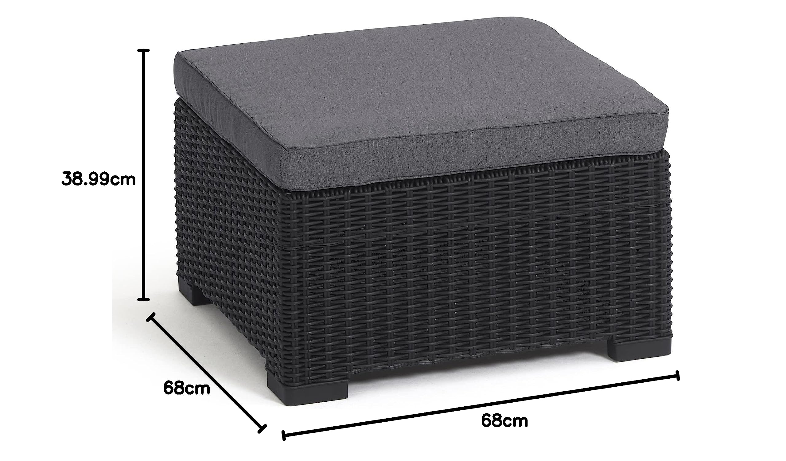 Keter Allibert by California Tabouret Repose-Pieds, Table de Jardin en Plastique, avec Coussin extérieur, Gris, Aspect rotin, 68 x 68 x 35 cm