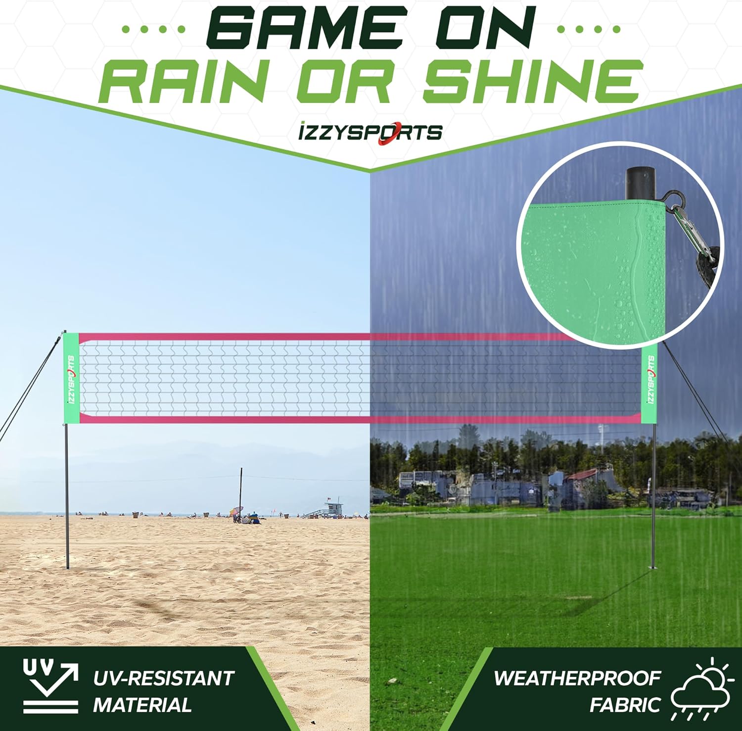 Red and Green Professional Volleyball Net Set, Easy Setup Regulation Net with Poles, Carrying Bag, Premium Ball, and More - Net for Backyard and Outdoor Beach Games