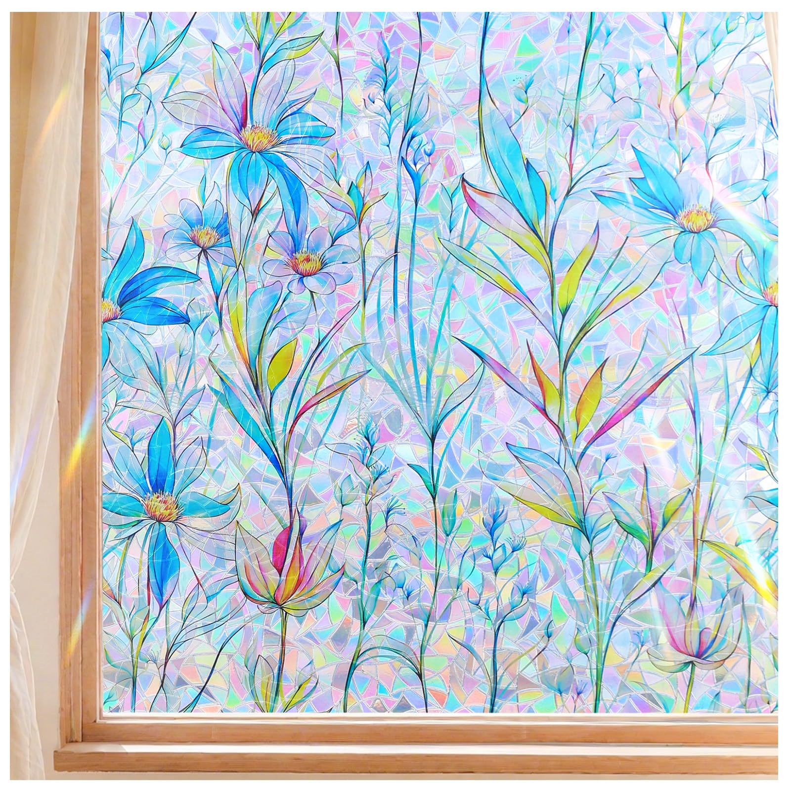 FINNEZ Fensterfolie - Selbstklebende Statische Klebefolie, Farbenfrohe Blickdichte Sichtschutzfolie, Regenbogen Optik, Blaues Blumenmuster, Dekorationsfolie für Wohnzimmer Küche, 90 x 400 cm