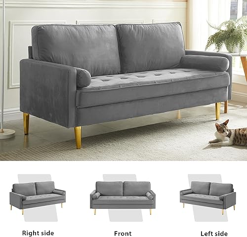 Miniatura 5 de Sofá biplaza moderno de terciopelo de 67 pulgadas, sofá biplaza tapizado de mediados de siglo con 2 almohadas y 4 patas doradas, sofás de 2 plazas