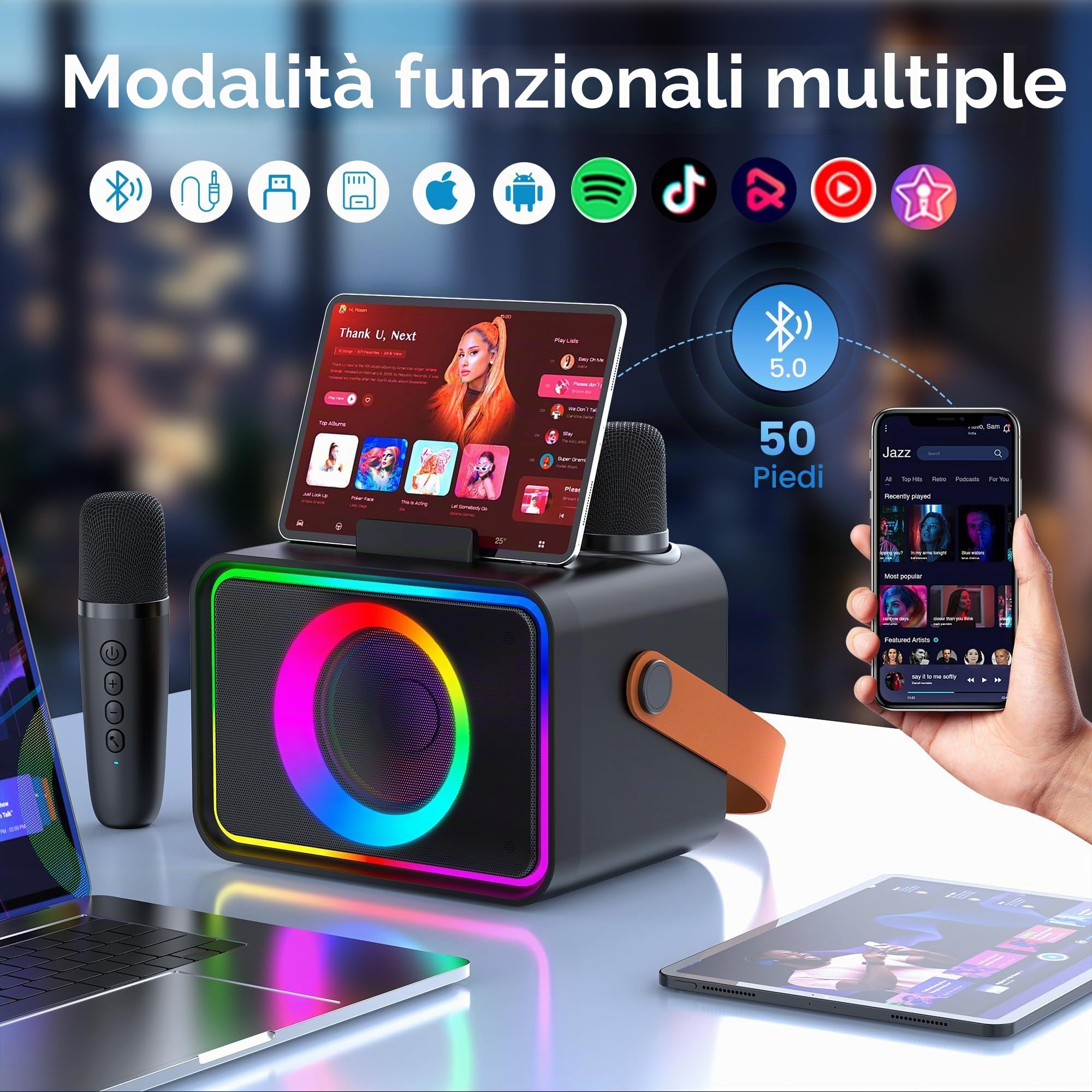Altoparlante Bluetooth portatile karaoke con 2 microfoni wireless e luci LED, viola