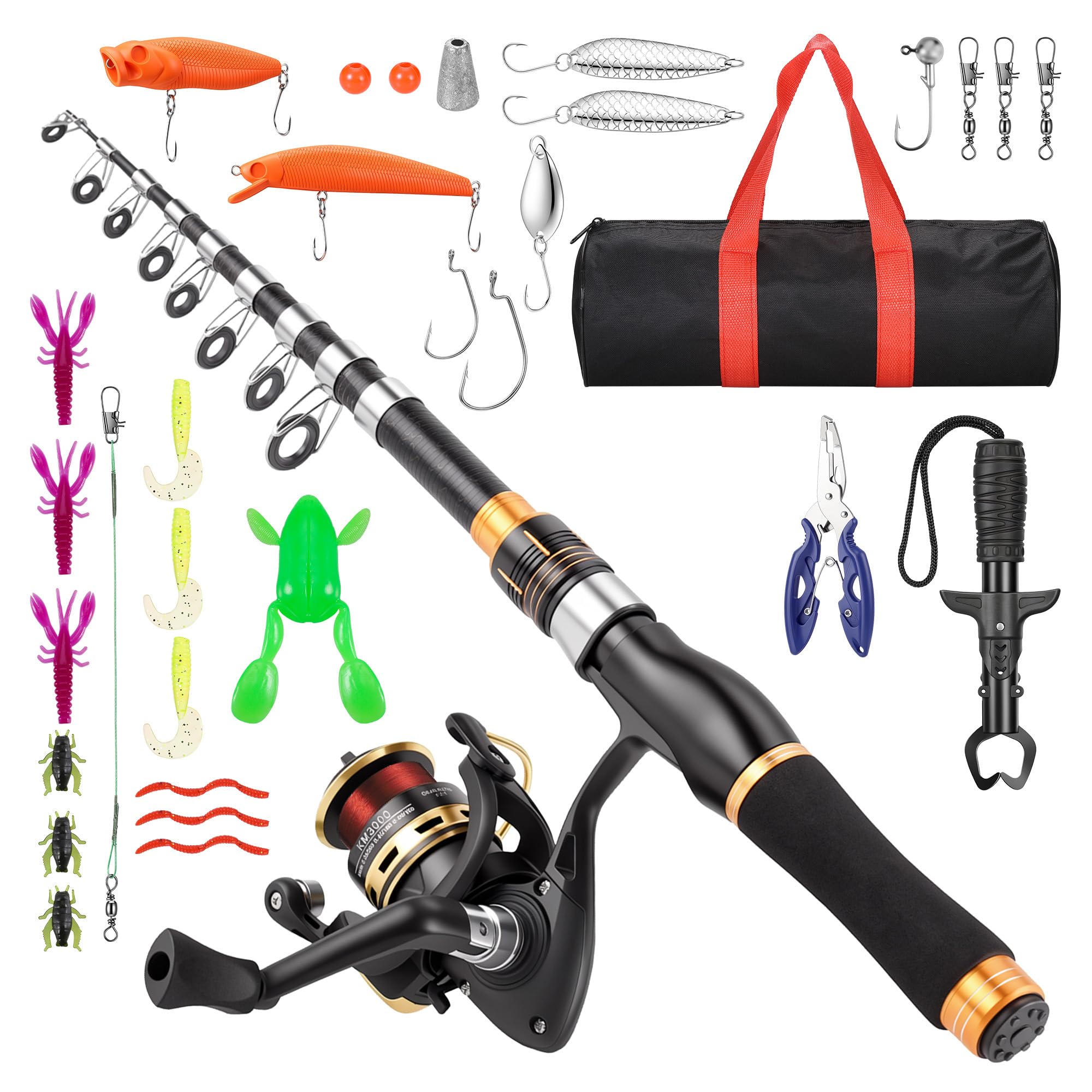 Caña de Pescar para Niños 36-210cm, Caña de Pescar Telescópica con Carrete, Alicates de Pesca, Agarrador de Pescado, Anzuelos y Bolsa, Regalo Ideal para Viajes, Camping y Senderismo Infantil