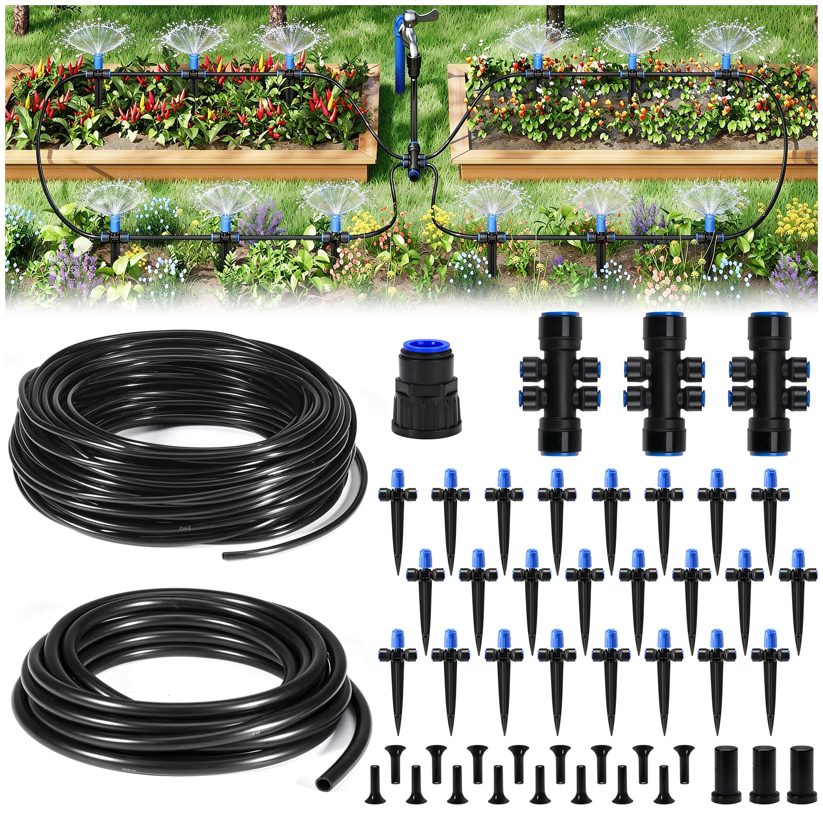HIRALIY Sistema di irrigazione da giardino a connessione rapida da 40 m, con gocciolatori a vortice regolabili, kit di irrigazione automatica a goccia per aiuole rialzate e piante e orto