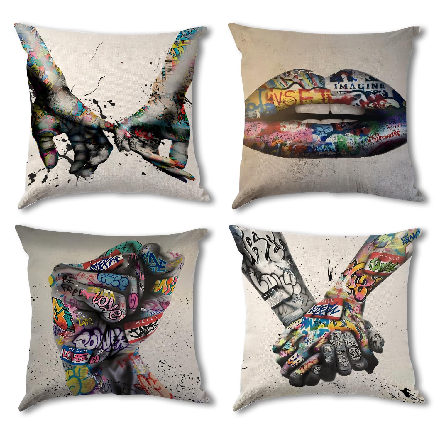 Banksy Decorative Graffiti Cushion Covers 45 x 45cm Funky Home Decor Aesthetic Velvet Throw Pillow Covers for Sofa Bed Living Room Abstract Pillowcase 4 Pieces Cushion Cases for Furniture Patio Decor
