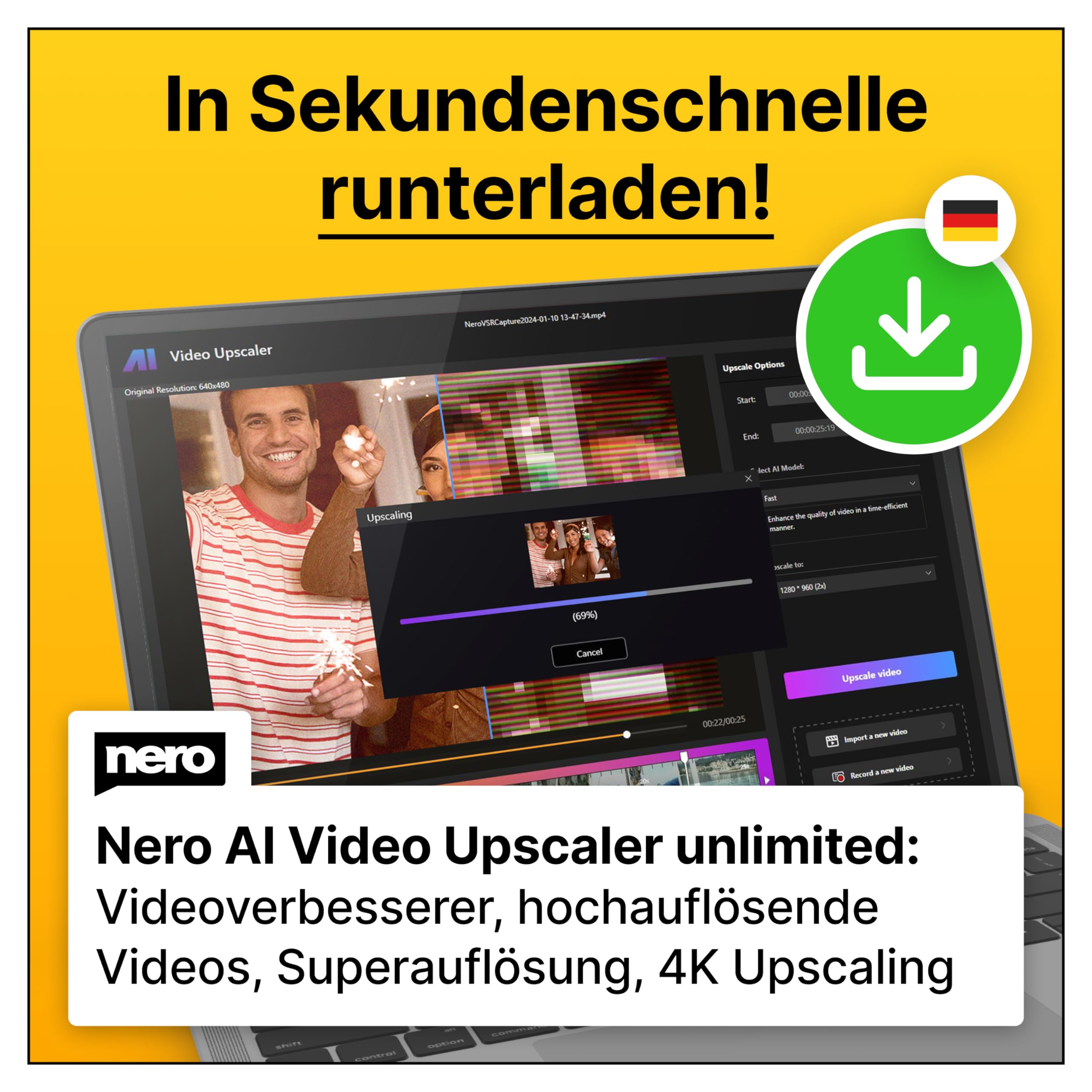 Nero AI Video Upscaler Unlimited | Videoqualität verbessern | KI | Superauflösung | Rauschunterdrückung | 4K Upscaling | Windows 11 / 10 | 1 Gerät | Unlimitierte Lizenz | Aktivierungscode per Email
