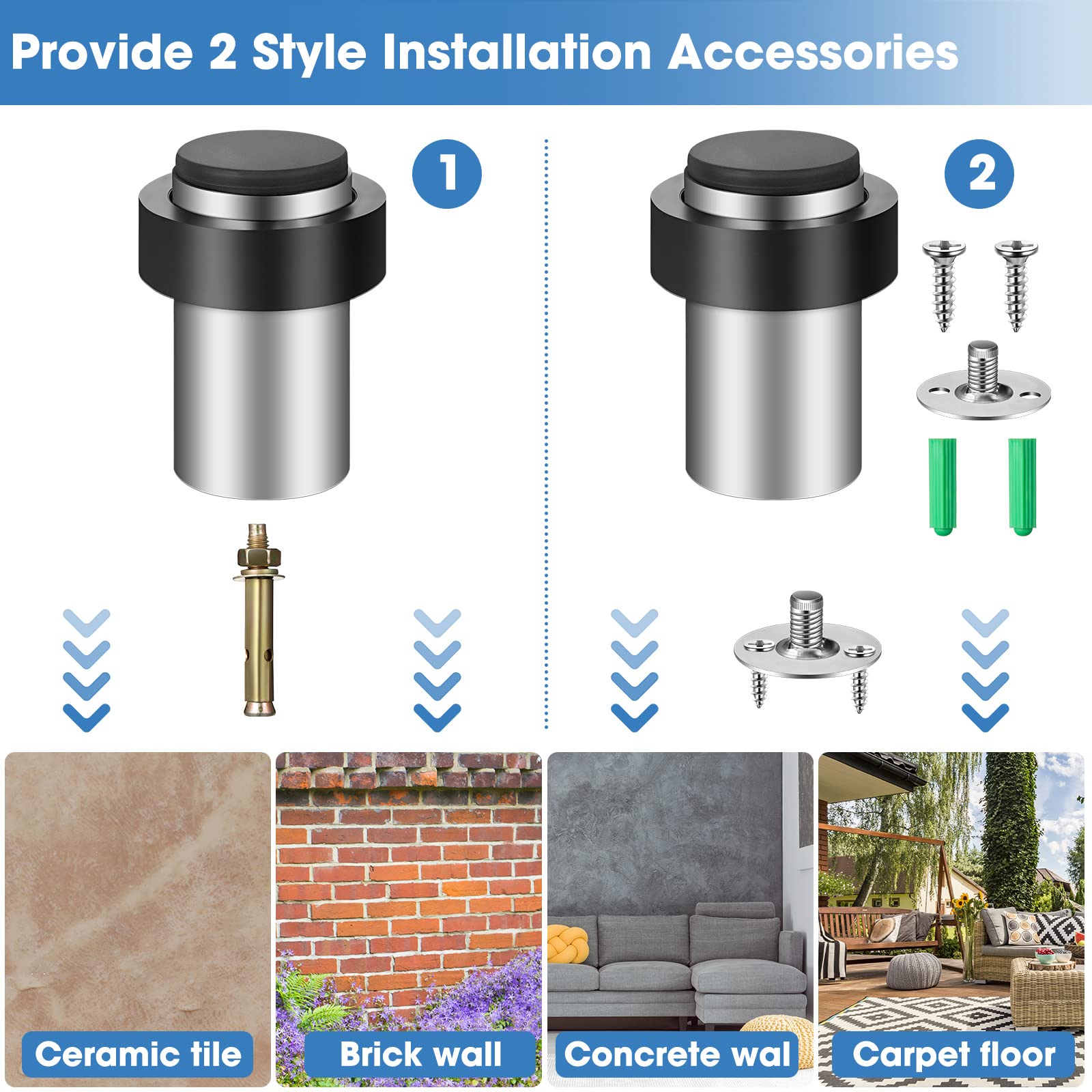 10 Pieces Door Stops Floor Mounted Door Stopper Stainless Steel Cylindrical Floor Door Stop Modern Decorative Rubber Bumper Door Holder Wall Protector Doorstop for Bottom or Top of Door (Silver)