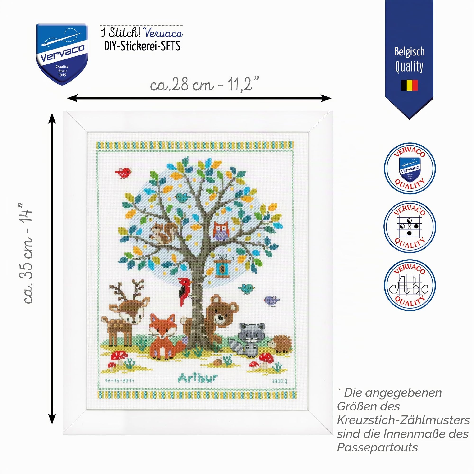 VERVACO Gezählter Kreuzstich Stickpackungen Stickset Baby Geburt Im Wald Wanddekoration Handarbeit Set für Erwachsene Kreatives Handwerk ca. 28 x 35 cm Geburt Geschenk Hausdeko