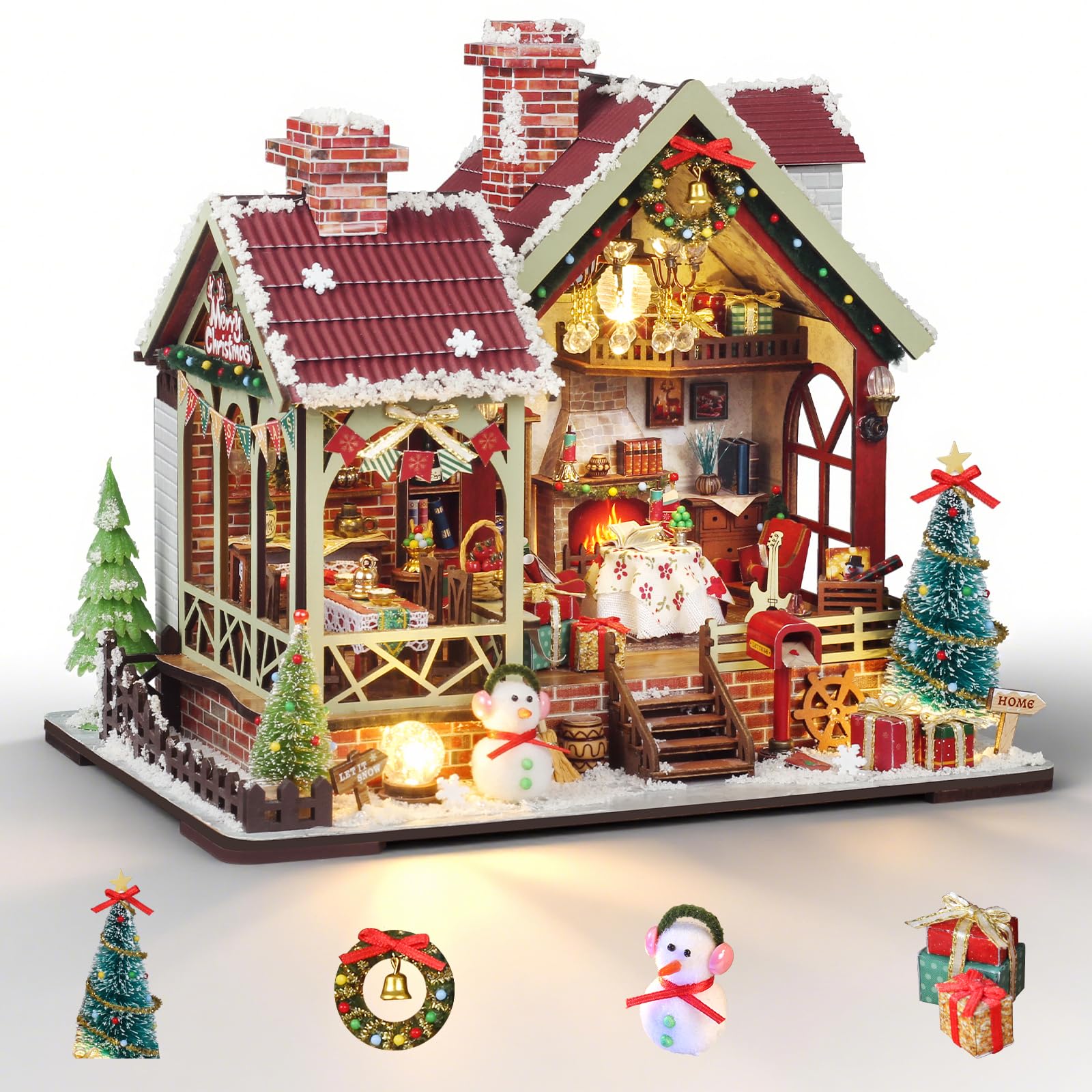 Cuteefun Miniatura Casa delle Bambole Kit, Dollhouse in Legno con LED, Kit Casa Minuscola per Adulti da Costruire, Regali Unici per Compleanni, Natale (Natale delle Meraviglie