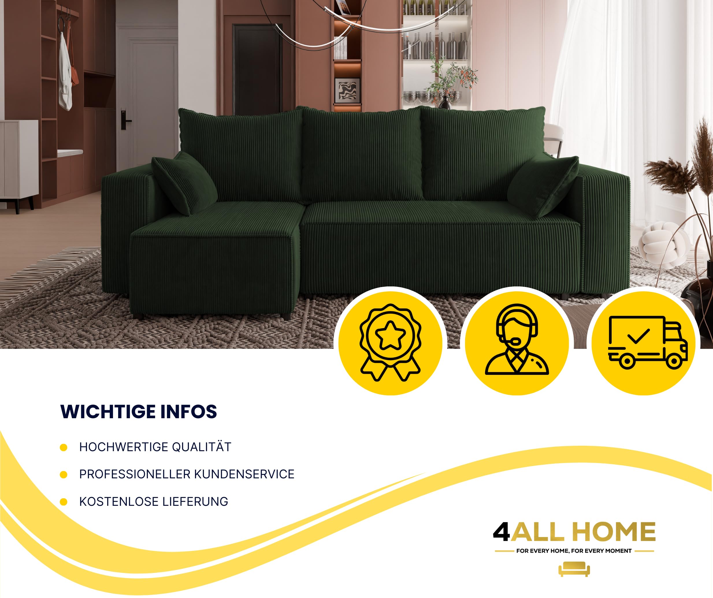 Ecksofa mit Schlaffunktion Tobi 246x145 cm - Couch - Sofa mit Bettkasten - Eckcouch - L-Form - Schlaffsofa - Schlafsofa mit Bettkasten - Universal (Cord Poso 14 Flaschengrün)