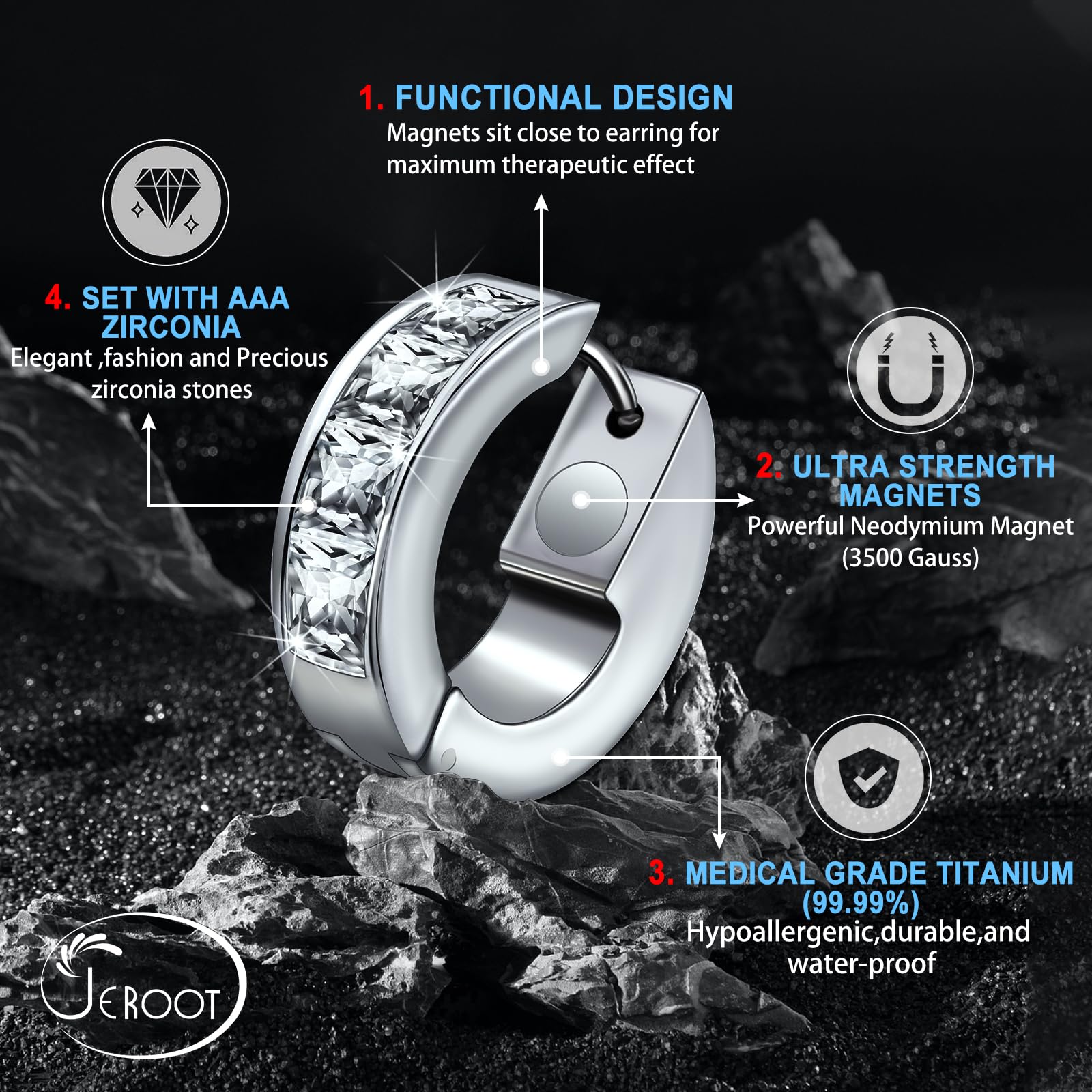 JEROOT Titan Magnettherapie Ohrringe für Damen, Creolen Sterling Silber mit Zirkonia (3500 Gauss)