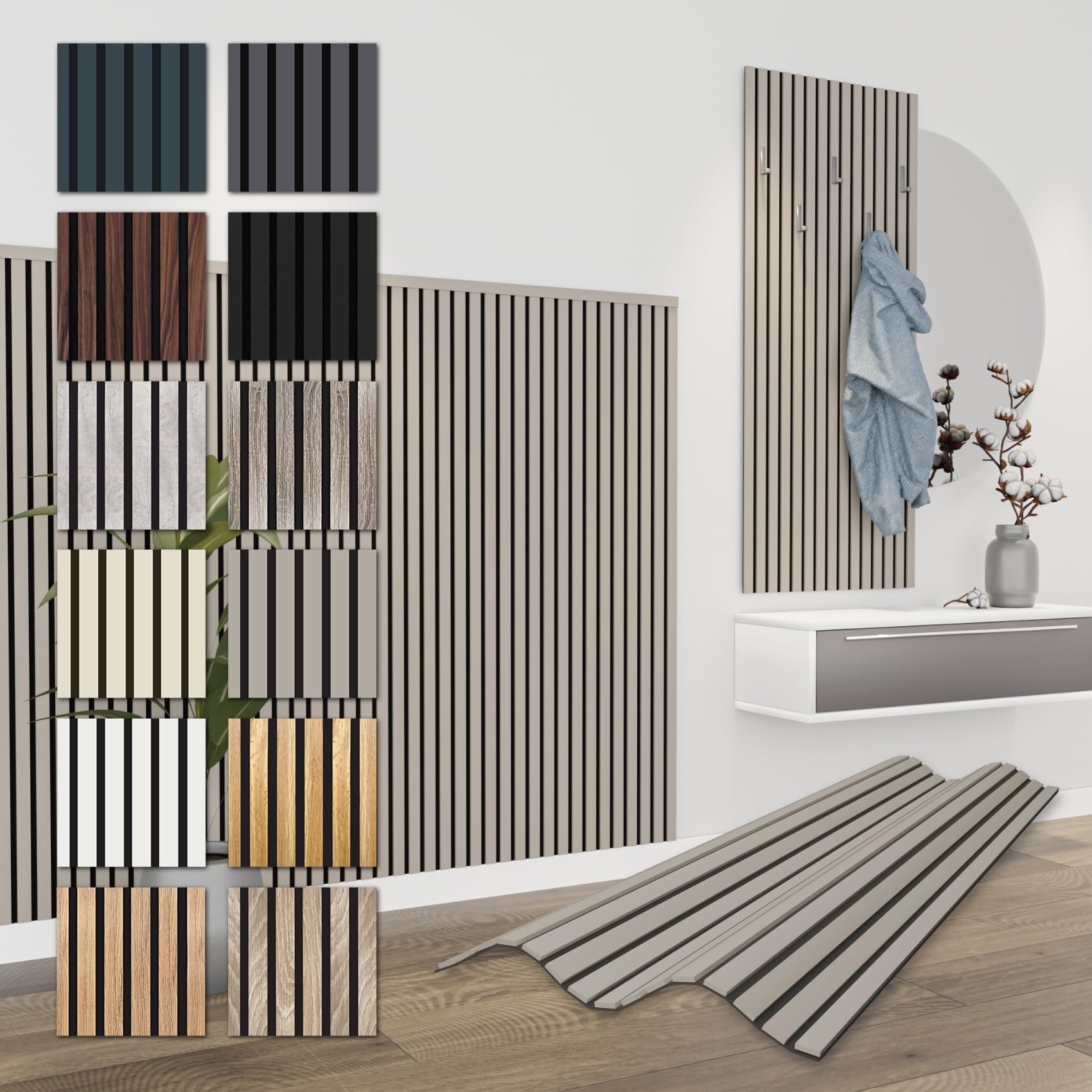 HEXIM Panneaux Acoustiques 138,5x60cm - Paroi à Lamelles Flexible Bois MDF Panneaux Muraux Revêtement à Lamelles Revêtement Mural (4 panneaux / 3,32 m² Sandgrey - APH02)