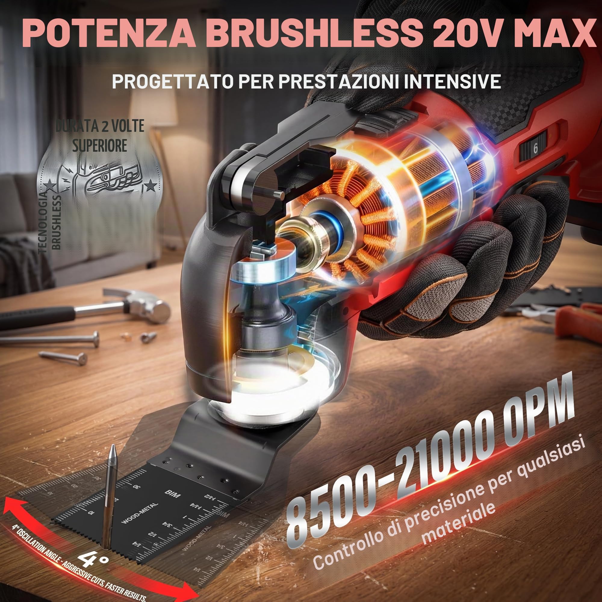 TEENO Utensile Multifunzione Oscillante Senza Fili 20V, Strumento Multifunzione Senza Fili Brushless, 6 Velocità Variabile, 8500-21000RPM, Caricatore, Angolo Oscillante 4°, Per Raschiare, Lucidare