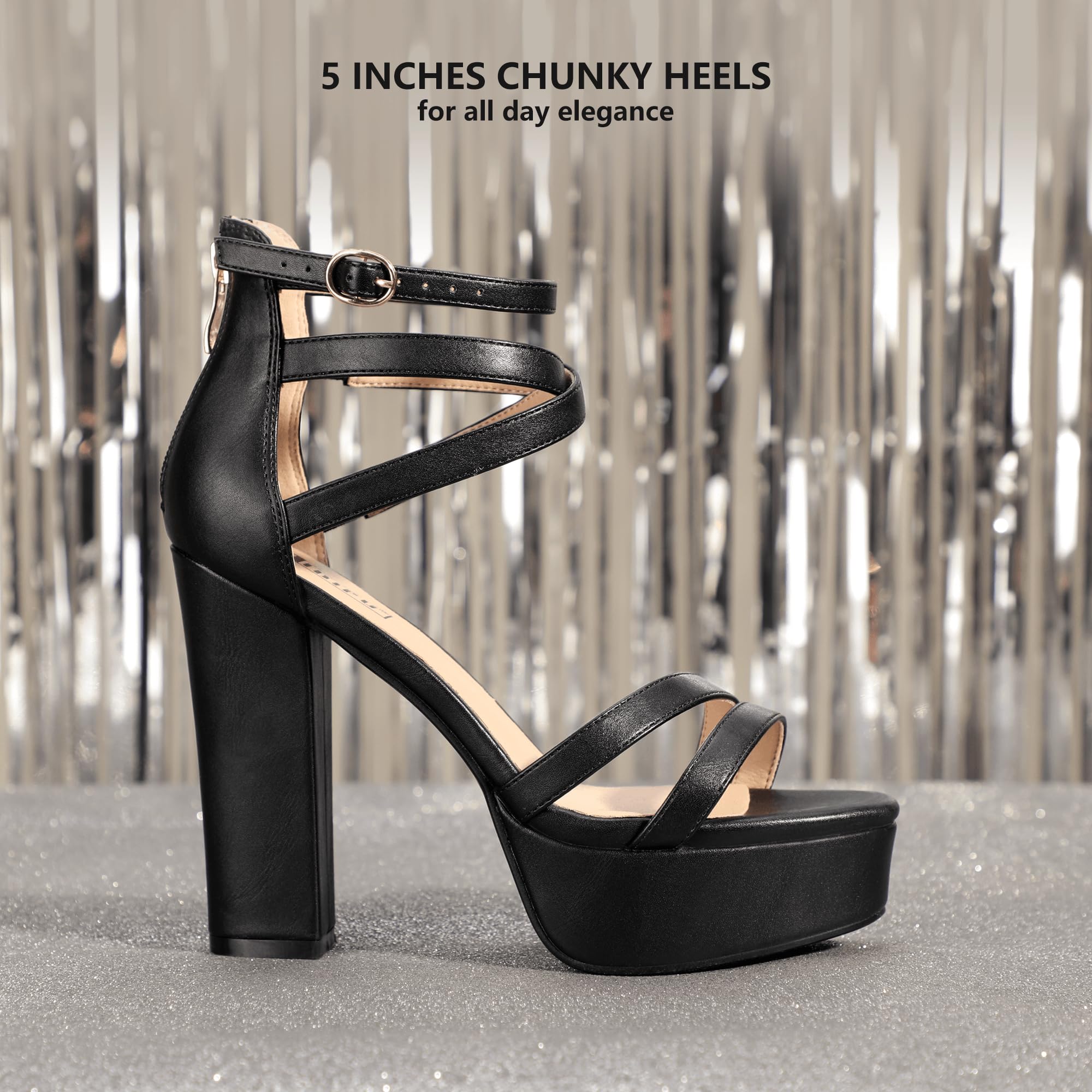 IDIFU Women's Platform Chunky High Heels Dress Sandals Open Toe Ankle Strap Strappy Wedding Bridal Party Dance Shoes For Women Bride: 7 M Black Pu