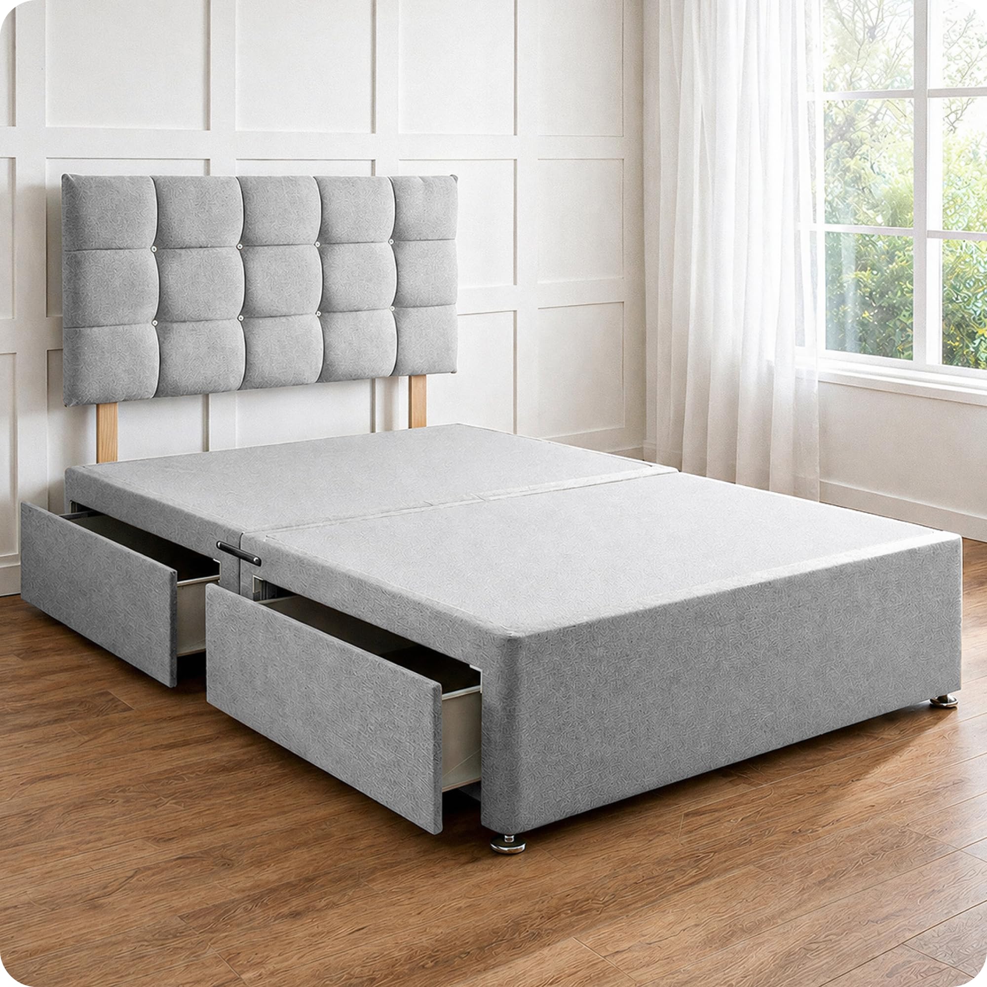 Comfy Deluxe LTD Divan Bed Base - 2FT6 Small Single, Silver | Linen Bed Frame with 20 Inch Cubic Headboard | No Mattress Included | 2 Same Side Storage Drawers & Chrome Glider Feet | UK Made