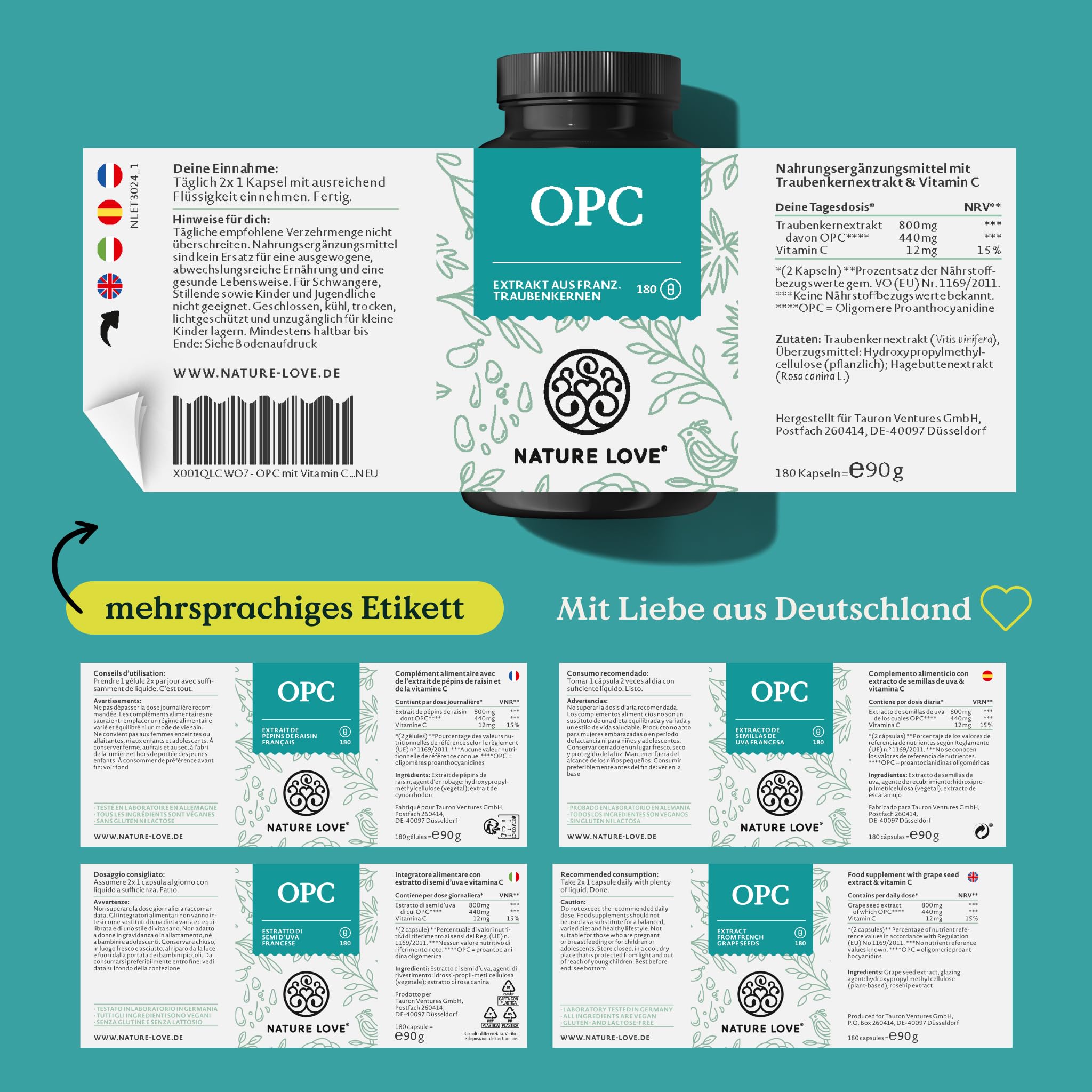 NATURE LOVE® OPC Traubenkernextrakt - 180 Kapseln - hochdosiert mit 800mg Extrakt je Tagesdosis - aus französischen Trauben - mit natürlichem Vitamin C - laborgeprüft, vegan, in Deutschland produziert