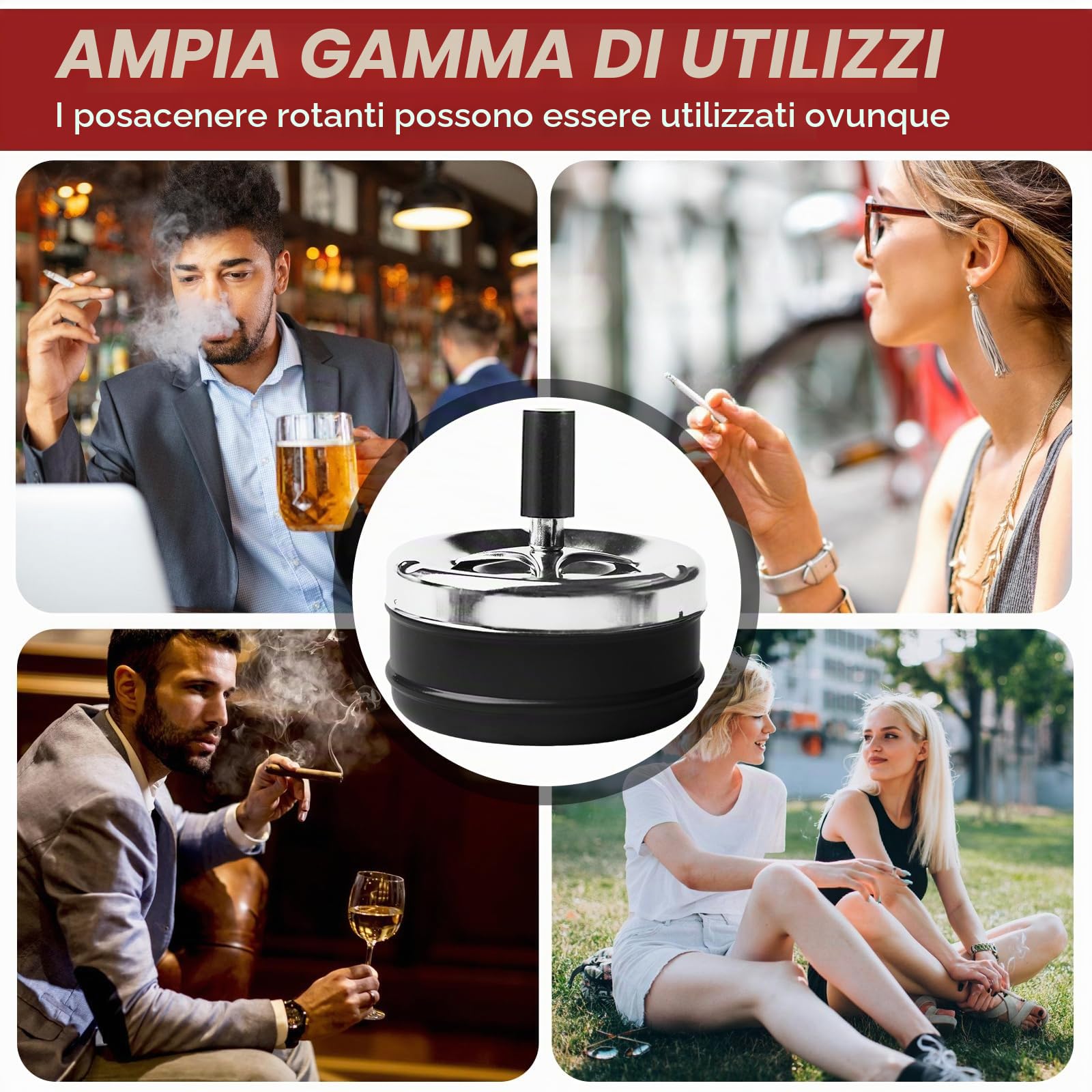 4 pezzi posacenere coperchio girevole per esterni, in acciaio inox, per casa, ufficio, balcone, feste, all'aperto (nero, rosso)
