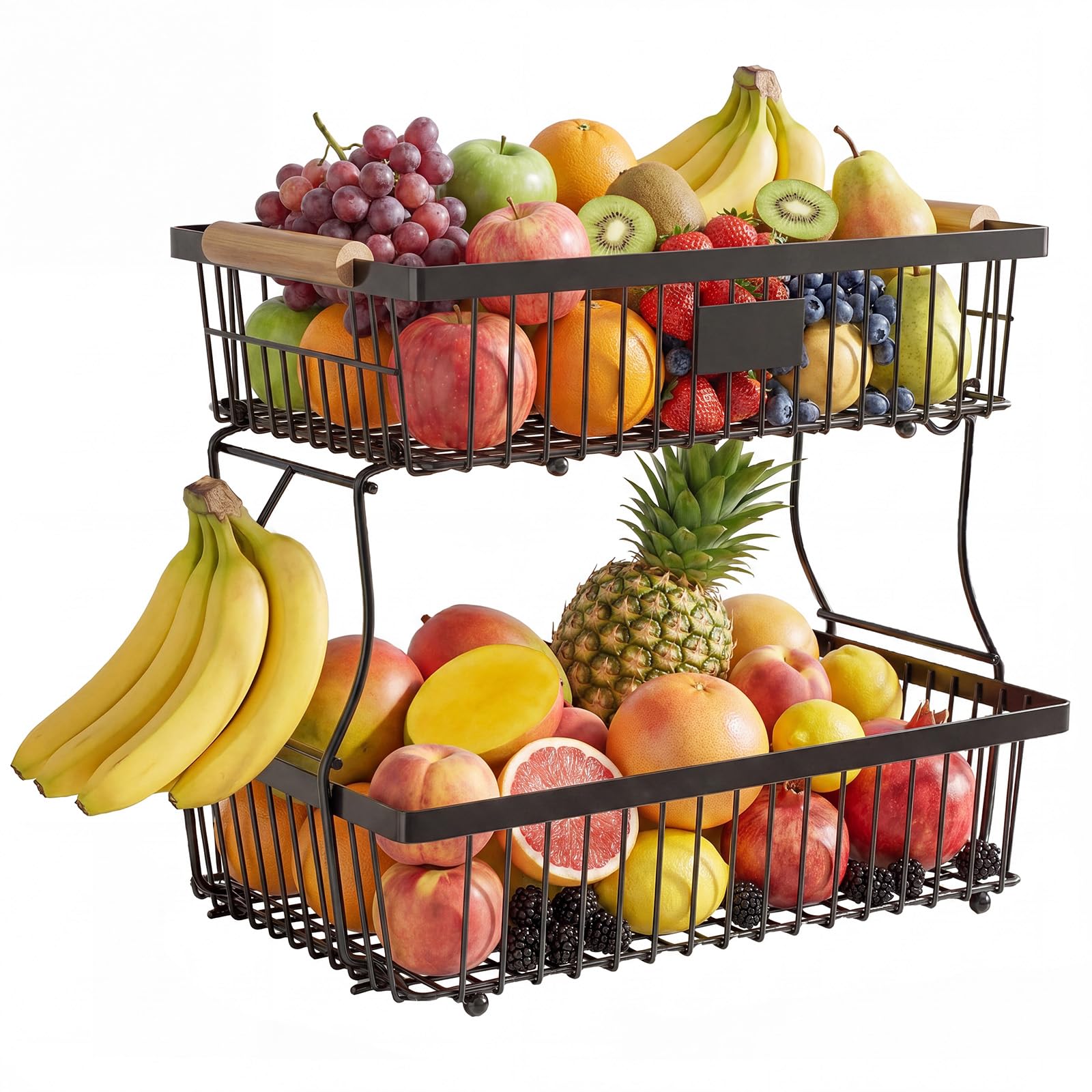 Eulihent 2 Tier Fruit Basket Fruit Bowl with Banana Hanger, Detachable Metal Fruit and Vegetable Storage with Wooden Handle for Bread Snack Veggies Potato