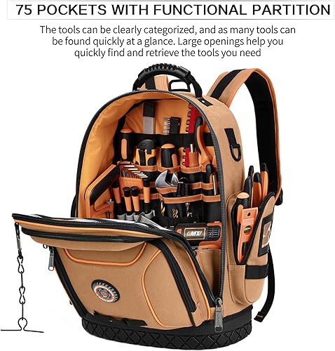 Miniatura 4 de Mochila bolsa de herramientas resistente, mochilas de herramientas para electricistas para hombres, trabajos de construcción HVAC, 75 bolsillos y