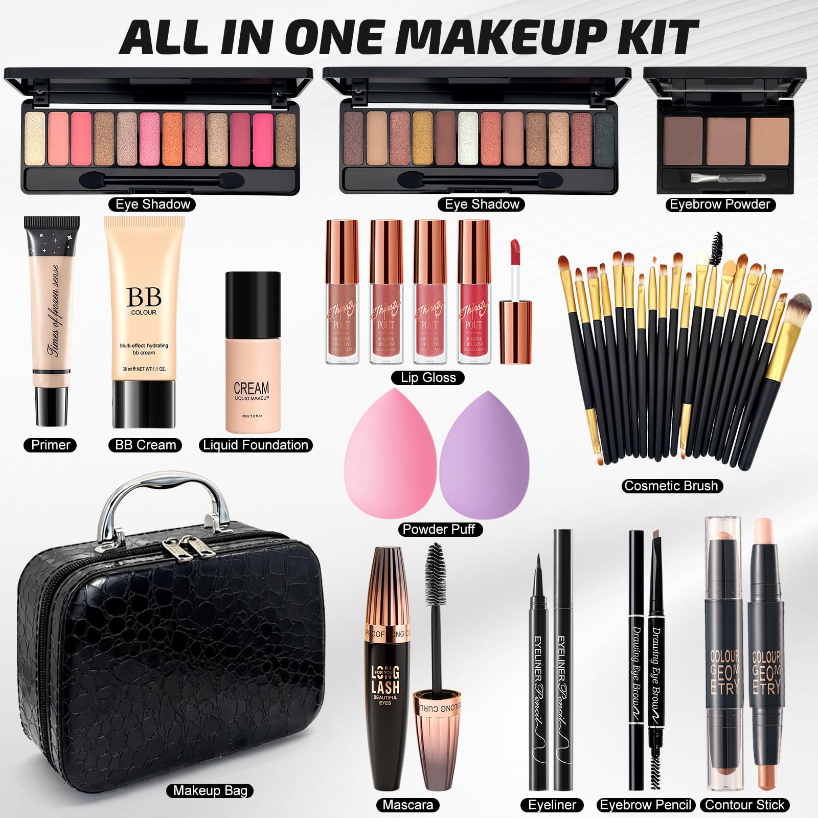 Kit Maquillaje Mujer Profesional Completo, Set de Maquillaje Adolescente Chica con Bolsa Maquillaje Viaje, Estuche Maquillaje Regalo con Paleta Sombras Ojos BB Cream Rímel Gloss Labios Base Maquillaje