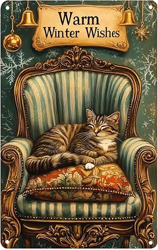 Cartel de metal con texto en inglés "Warm Winter Wishes Cat", divertido letrero de invierno, decoración de pared rústica para patio trasero, casa de