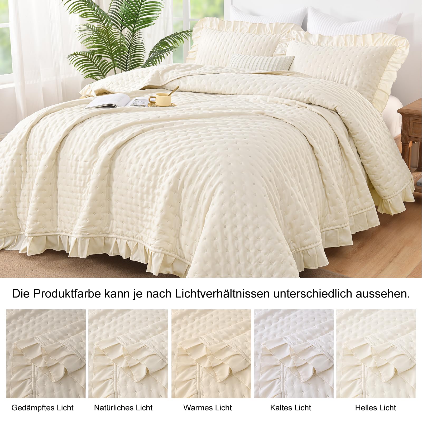 WONGS BEDDING Colcha de 240 x 260 cm, color beige, 3 piezas, incluye 2
