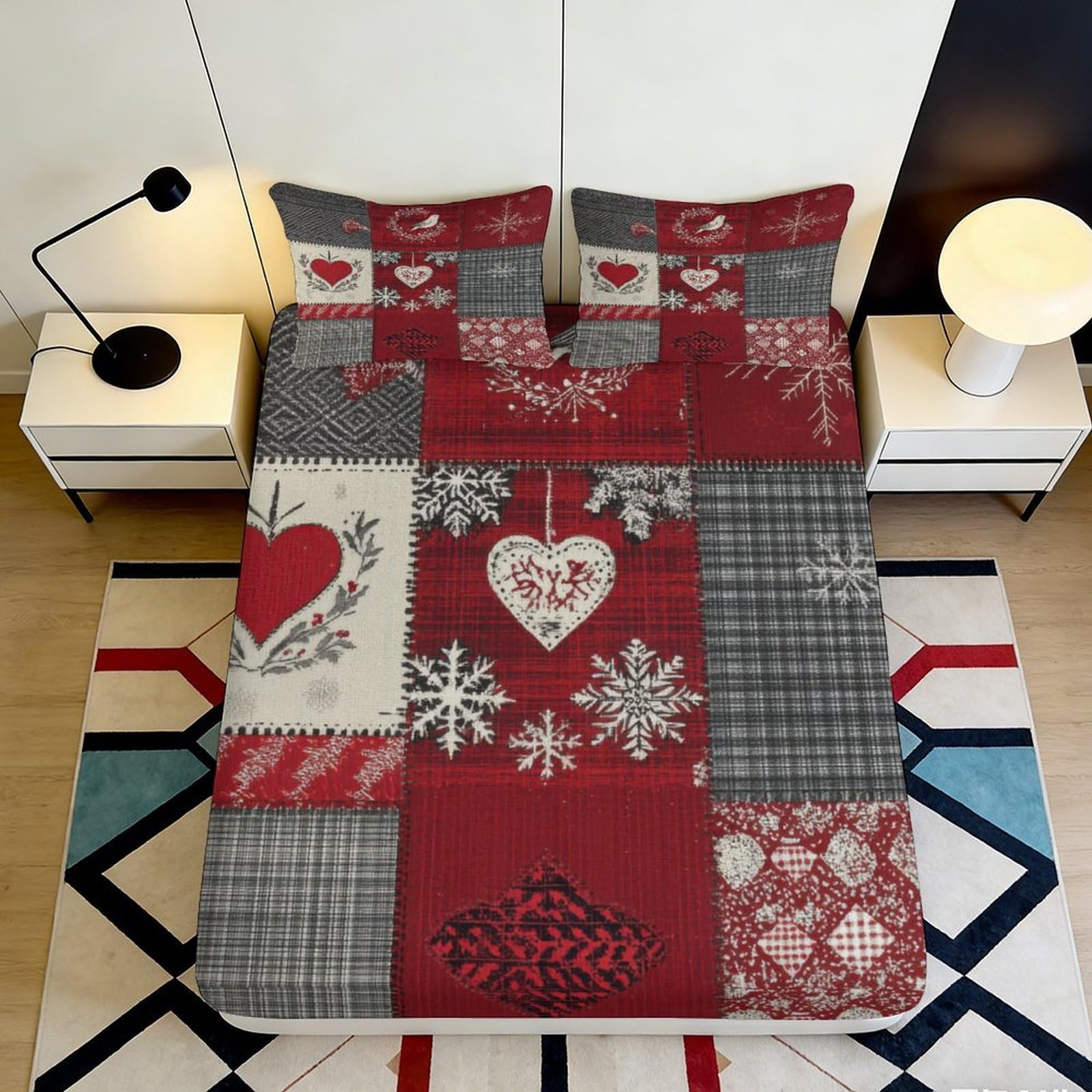 3D Printed Nordic Patchwork Fitted Sheet Microfiber Red Grey Heart Snowflake Mattress Cover for Bedroom Dorm Easy Care 90x200x25cm