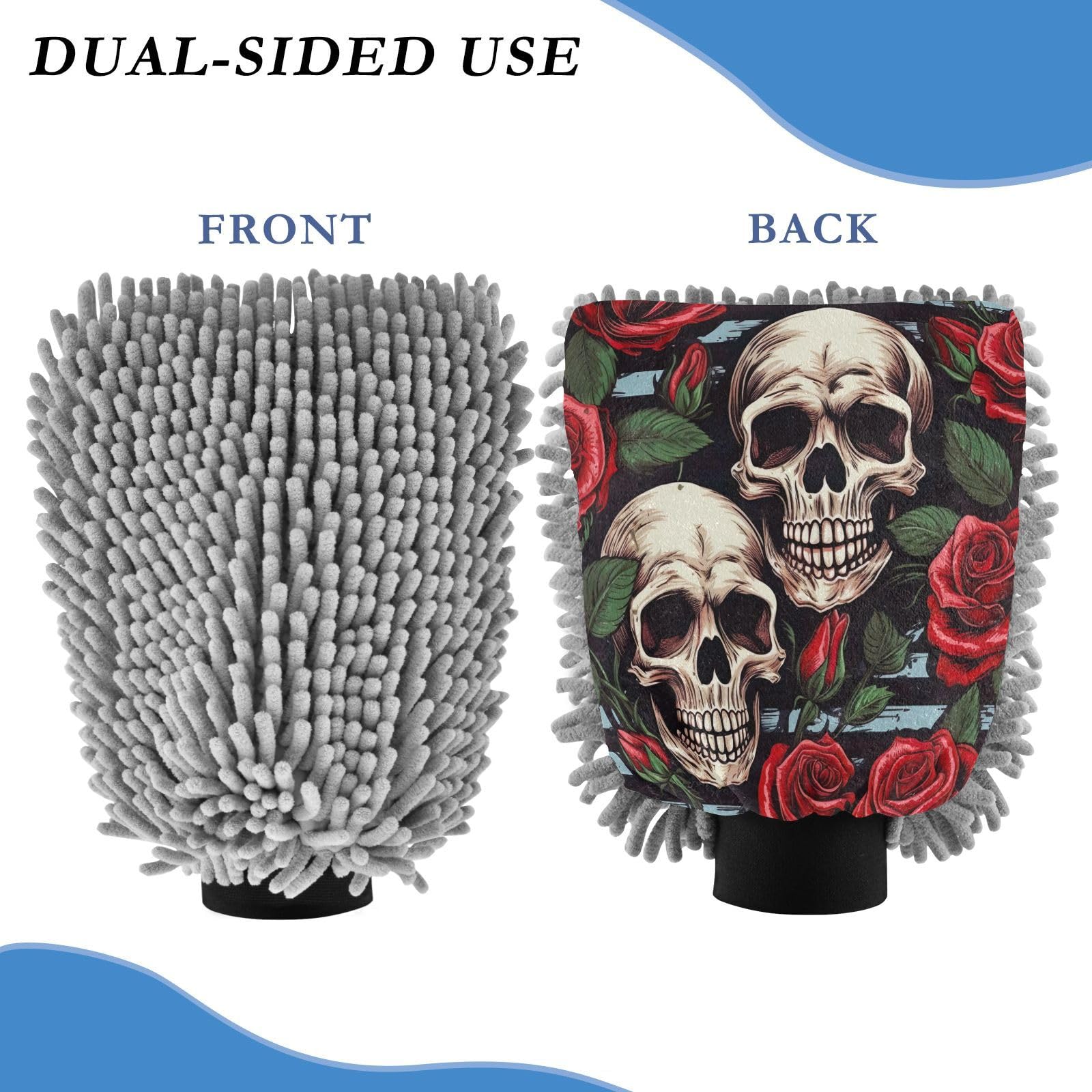 Flradish 2 Pack Beautiful Rose and Skull Car Wash Mitt Chenille Microfiber Lint-Free Scratch Free Ultra-Soft Absorbent Car Wash Mitt 11.8x8.07 Inch