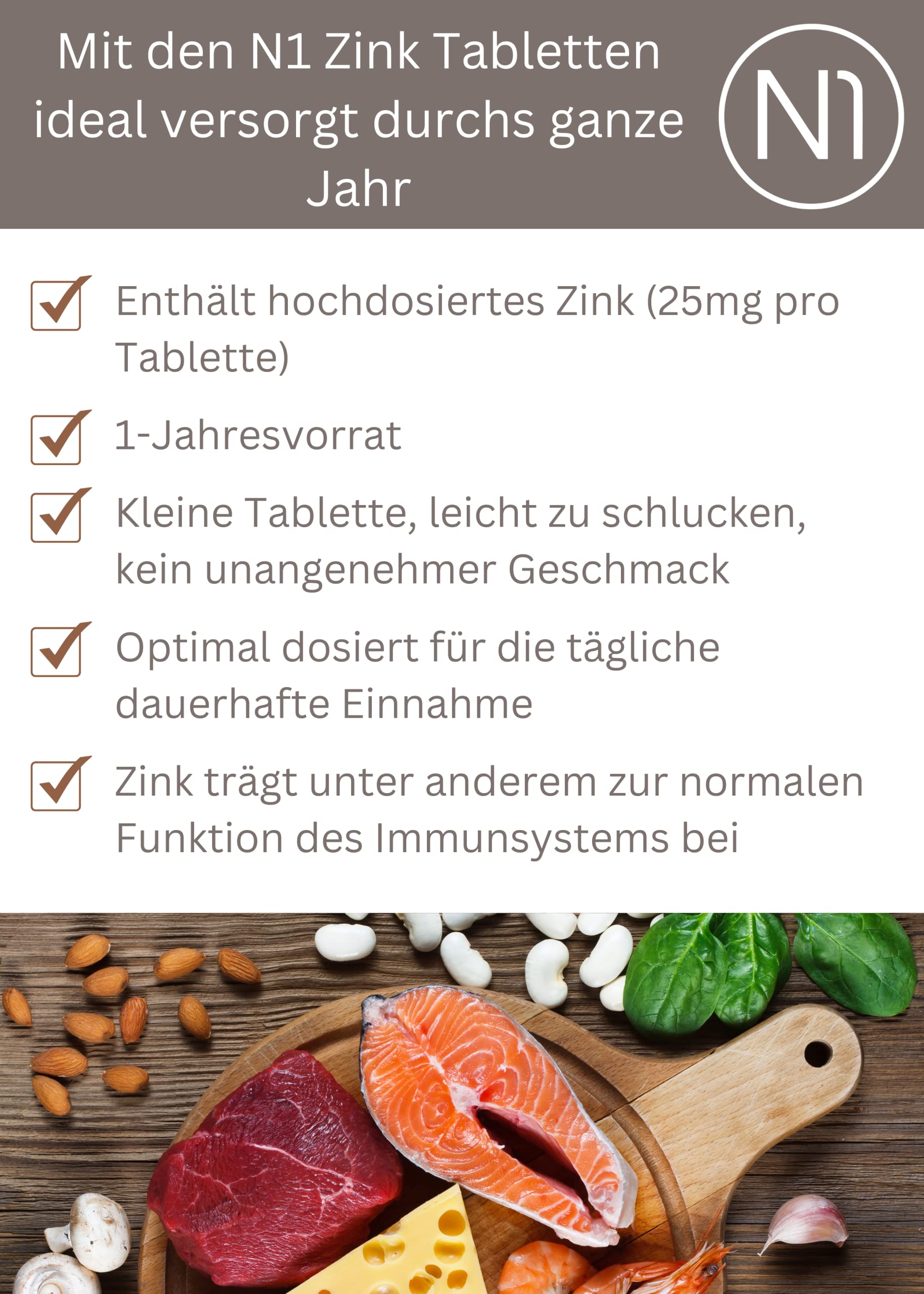 N1 Zink Tabletten 25mg - 5x 365 St. Jahresvorrat - Vegan - nur 1x täglich - Zink Hochdosiert für das Immunsystem - Zinc mit bester Bioverfügbarkeit