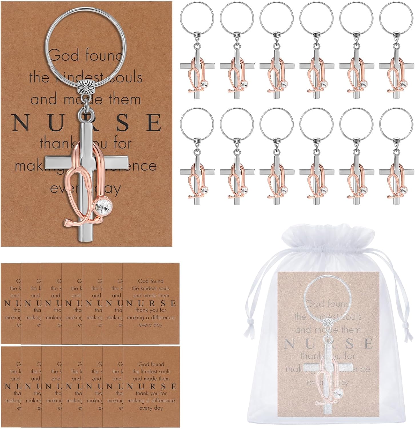 Sureio 12 Set Nurse Keychain Bulk for Women Cross with Stethoscope Charm Christian Nursing Practitioner Gifts for Nurse Appreciation Week CNA Week EMT RN LPN Medical Student Graduation Gifts