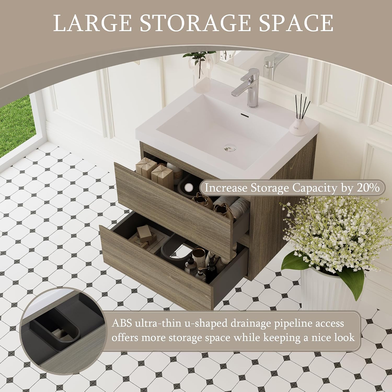 24" Floating Bathroom Vanity with Sink, Modern Wall-Mounted Bathroom Storage Vanity Cabinet with Resin Top Basin and Soft Close Drawers, Ash Grey