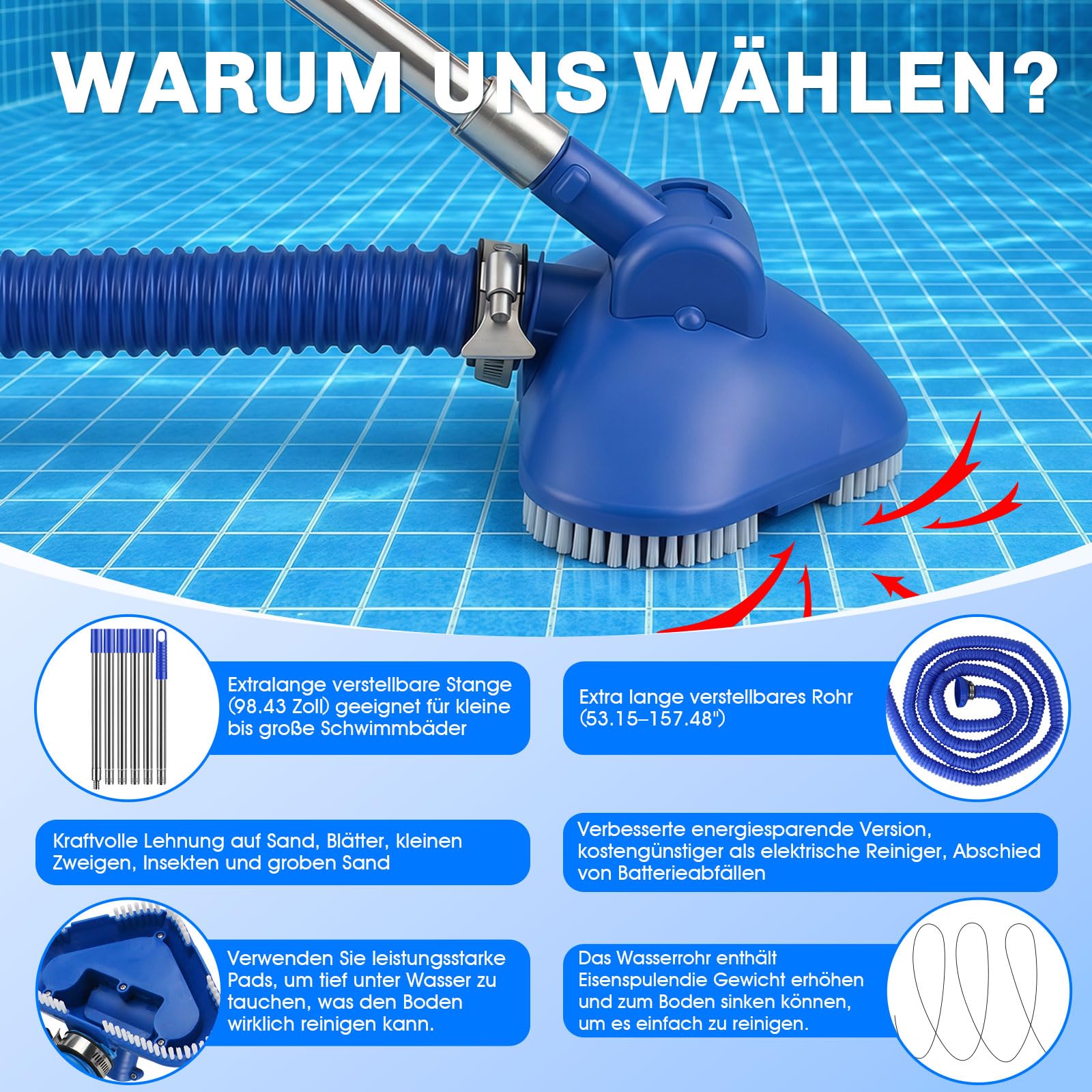 2.0 Upgrade Poolsauger Handheld Kabellos mit Teleskopstange und Schlauch, Starke Saugleistung Poolreiniger Bodensauger Pool Zubehör für Pool Schwimmbad Whirlpool Spa