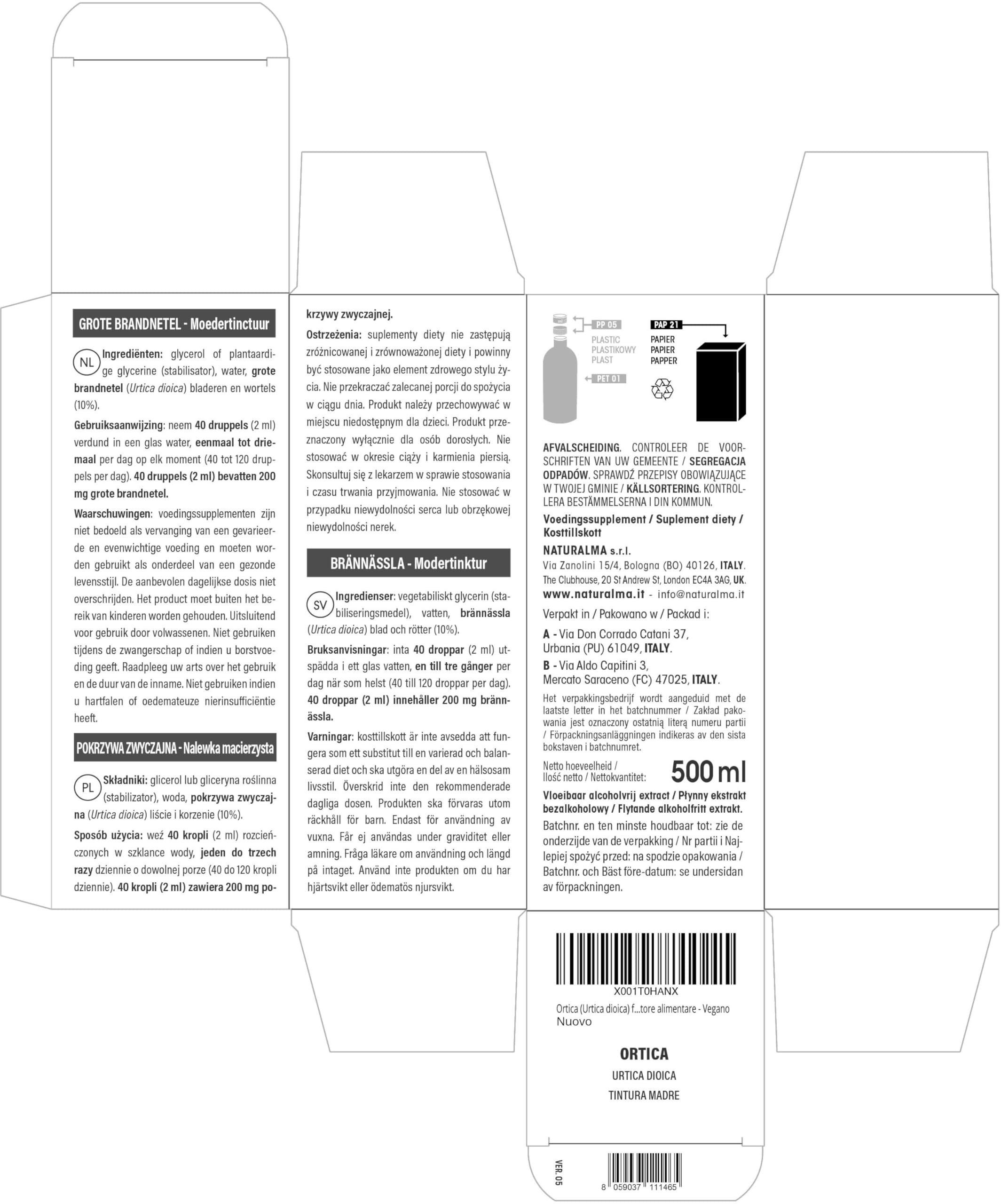 Ortie (Urtica dioica) feuilles et racines Teinture Mère sans alcool Naturalma - Extrait liquide gouttes 500 ml - Complément alimentaire - Végétalien ou végan