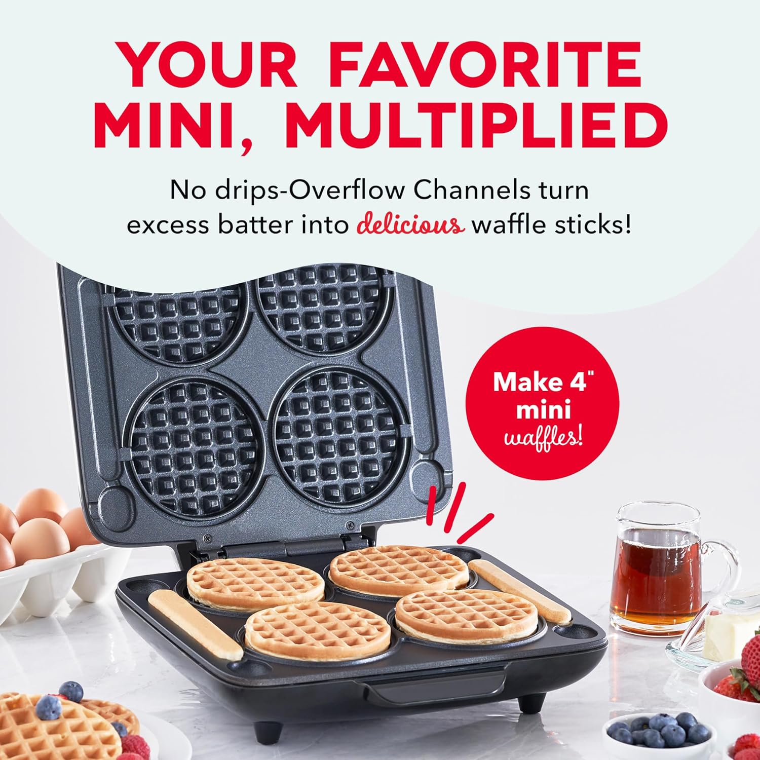 dash multi mini waffle maker - makes four waffles at once for family breakfasts - dual nonstick heating plates & easy-release surface - compact & fast-heating - graphite