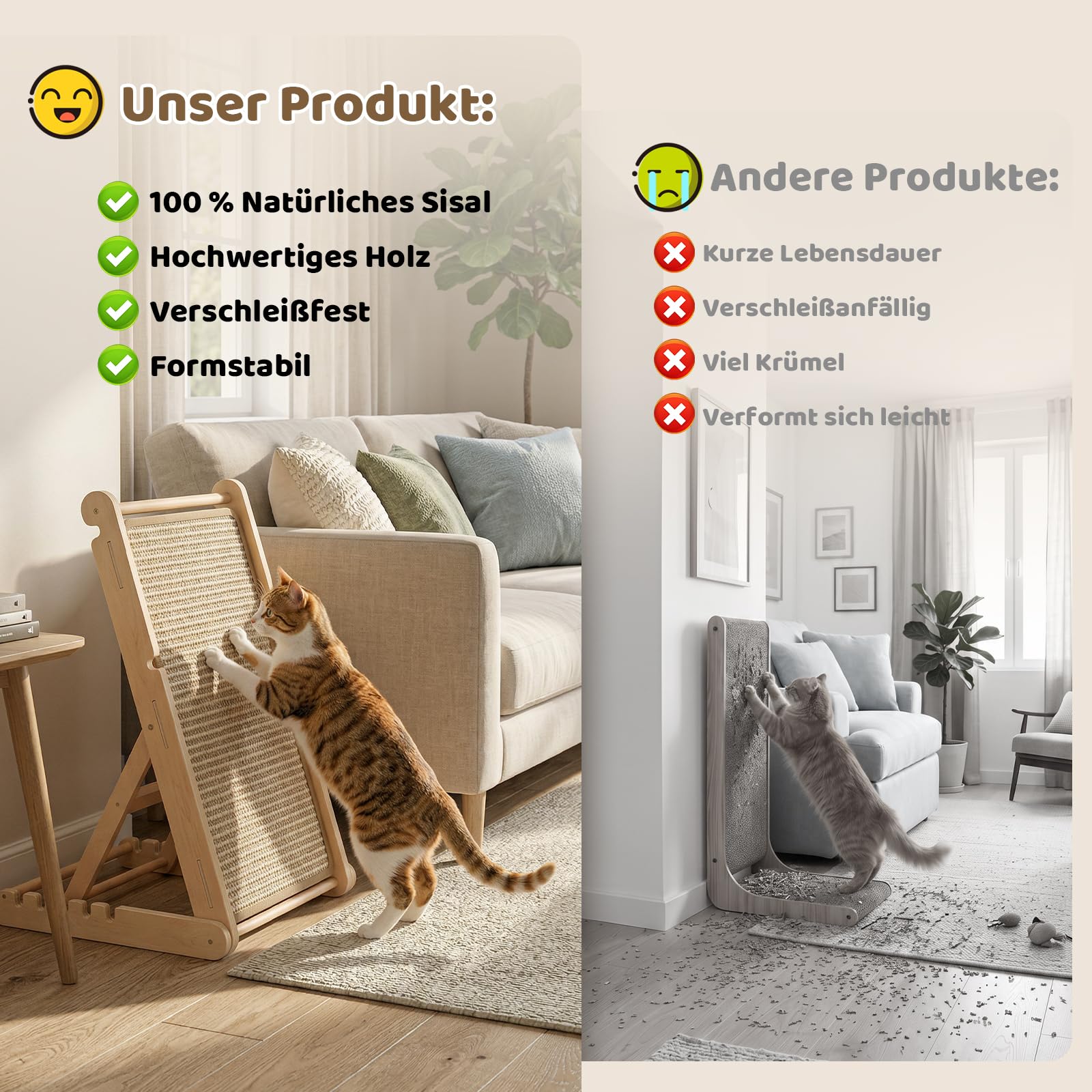 X XBEN Kratzbrett für Katzen, 80CM Hohe L-Förmige Kratzbaum zur Krallenpflege, Kratzbrett Große Katzen XXL, Katze Kratzer aus Natürliche Sisal Pad, Klappbar Kratzmöbel für Katzen Spielen, Entspannen