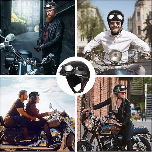 Miniatura 3 de Senhill Casco de motocicleta de cuero estilo alemán para adultos, hombres y mujeres, casco retro con cara abierta, casco retro DOTFMVSS 218 aprobado