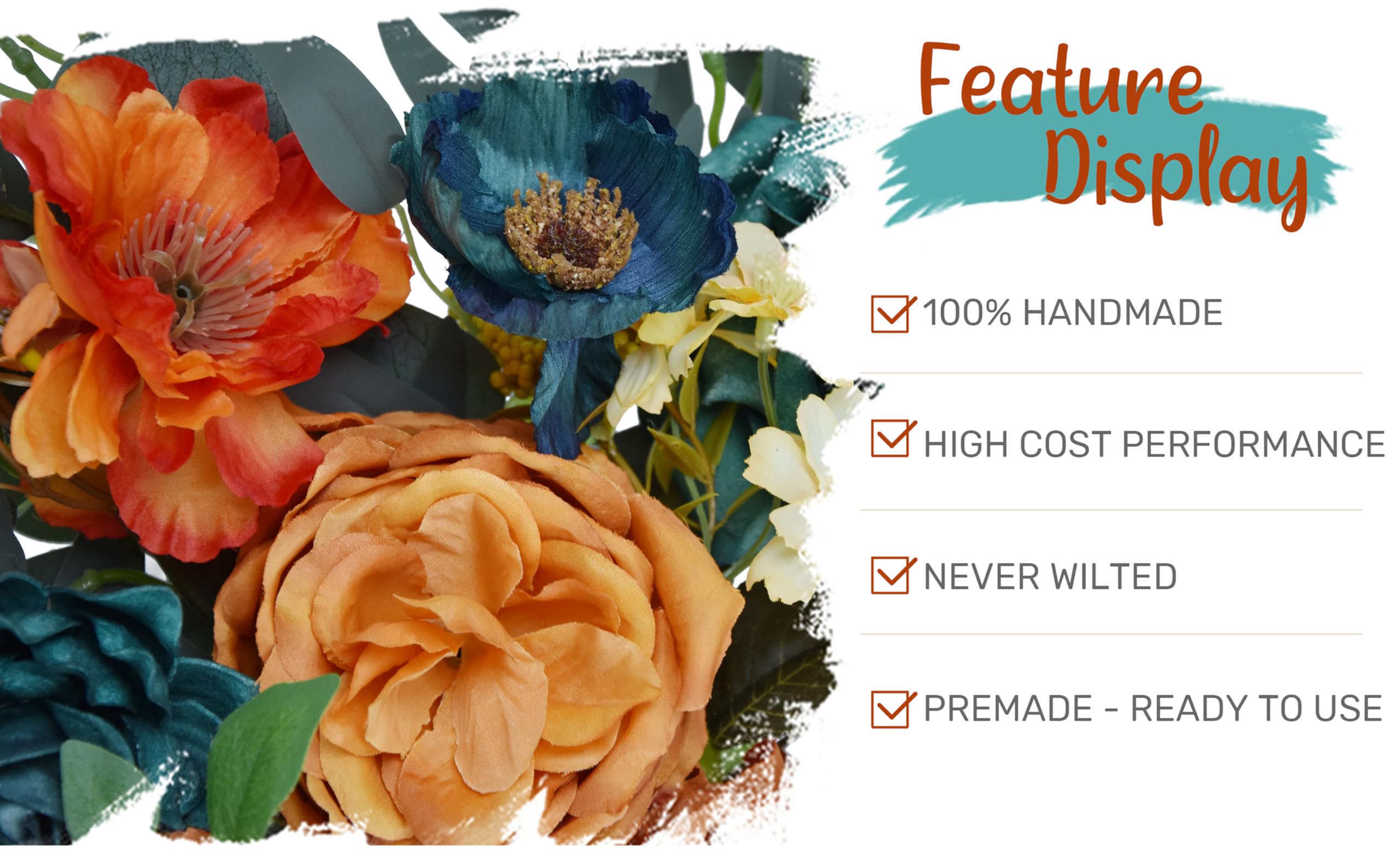 Hochzeitsbogen Blumen mit Vorhängen-Set (4 Stück) – 2 Stück künstliche blaugrüne orange Herbst-Deluxe-Girlande mit 2 durchsichtigen Vorhängen für Hochzeitszeremonie, Laube, Empfang